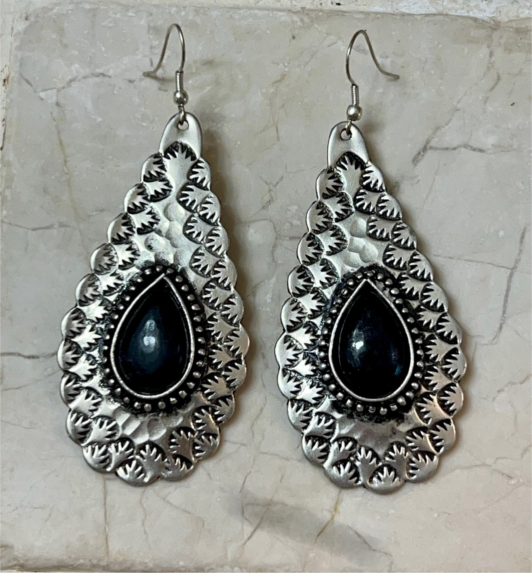 Silver-Plated Earrings with Black Teardrop Accent