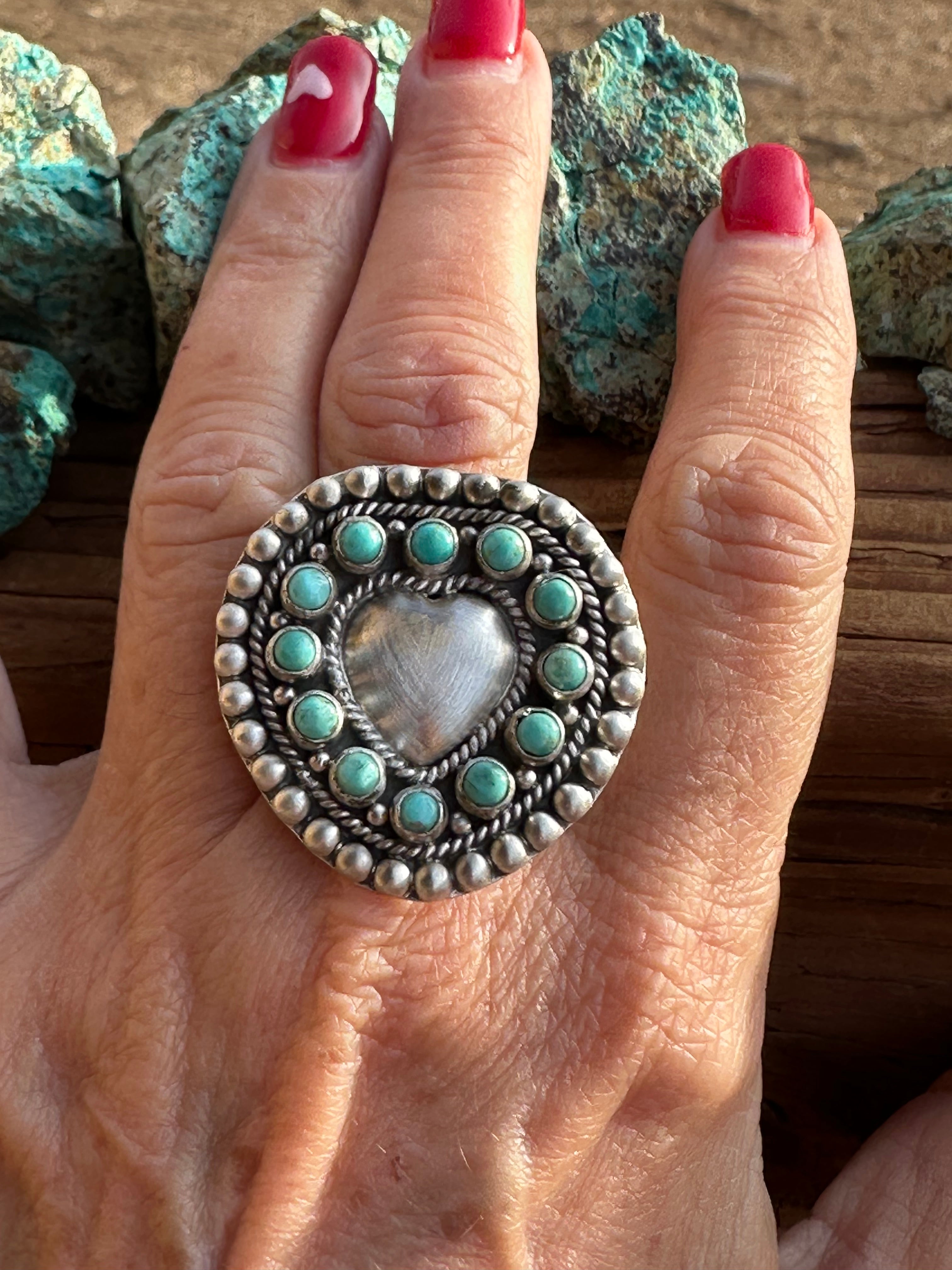 Handmade Adjustable Turquoise Sterling Silver Heart Ring