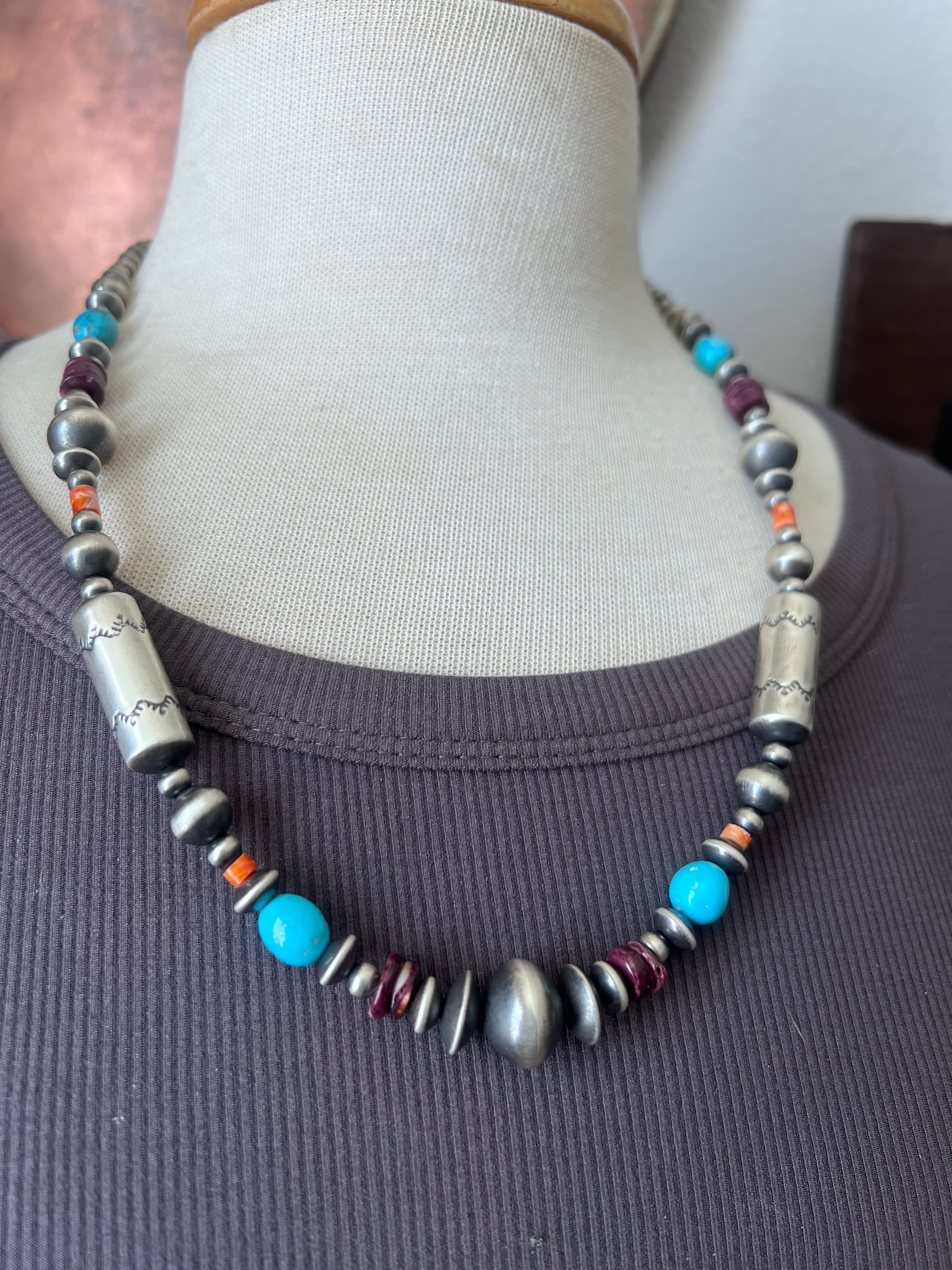 Rose Martin Electric Rainbow Sterling Silver, Turquoise and Spiny Oyster Single Strand Beaded Necklace, 24 + 1-1/2 inches
