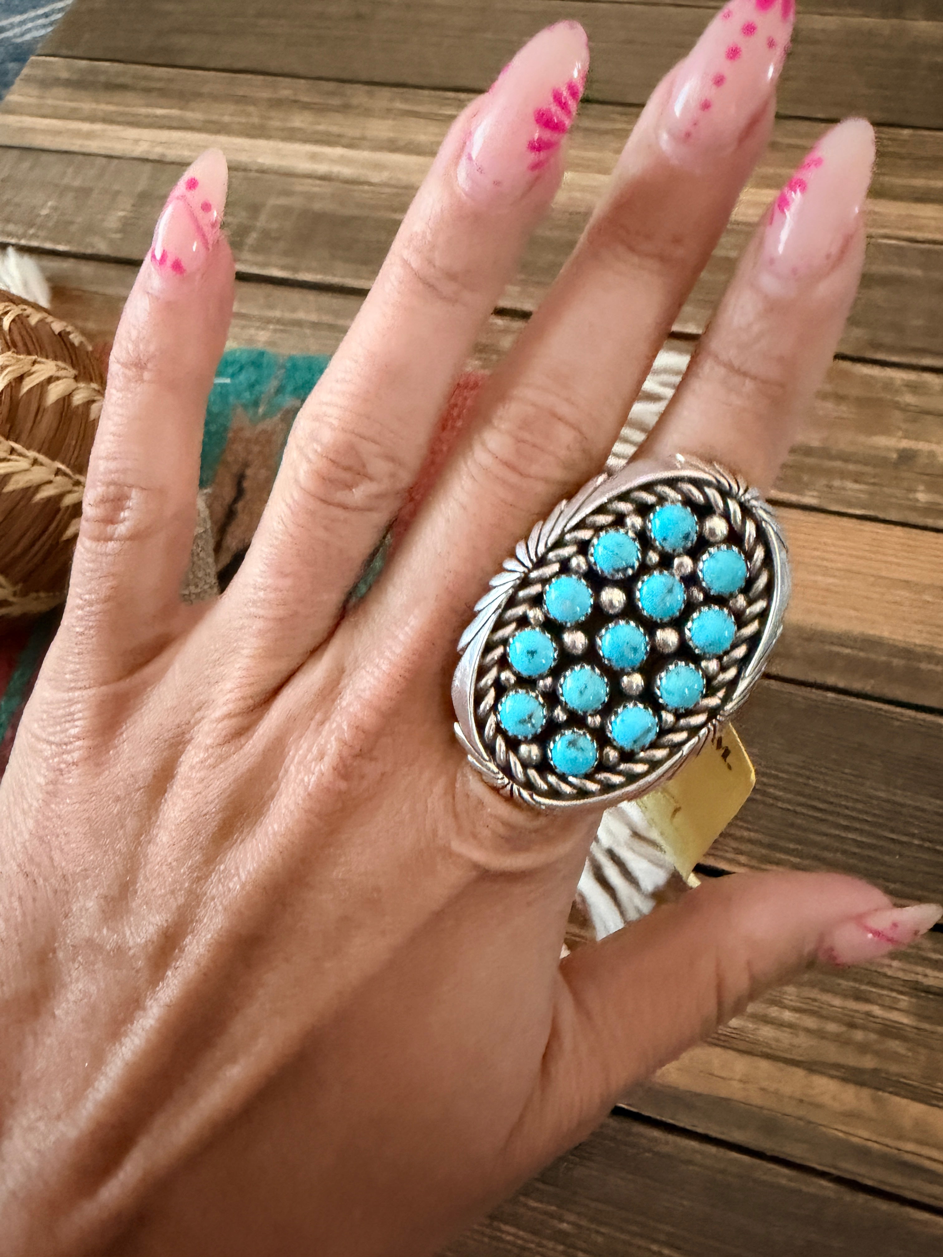 Old Pawn Handcrafted Turquoise & Sterling Silver Cluster Adjustable Ring