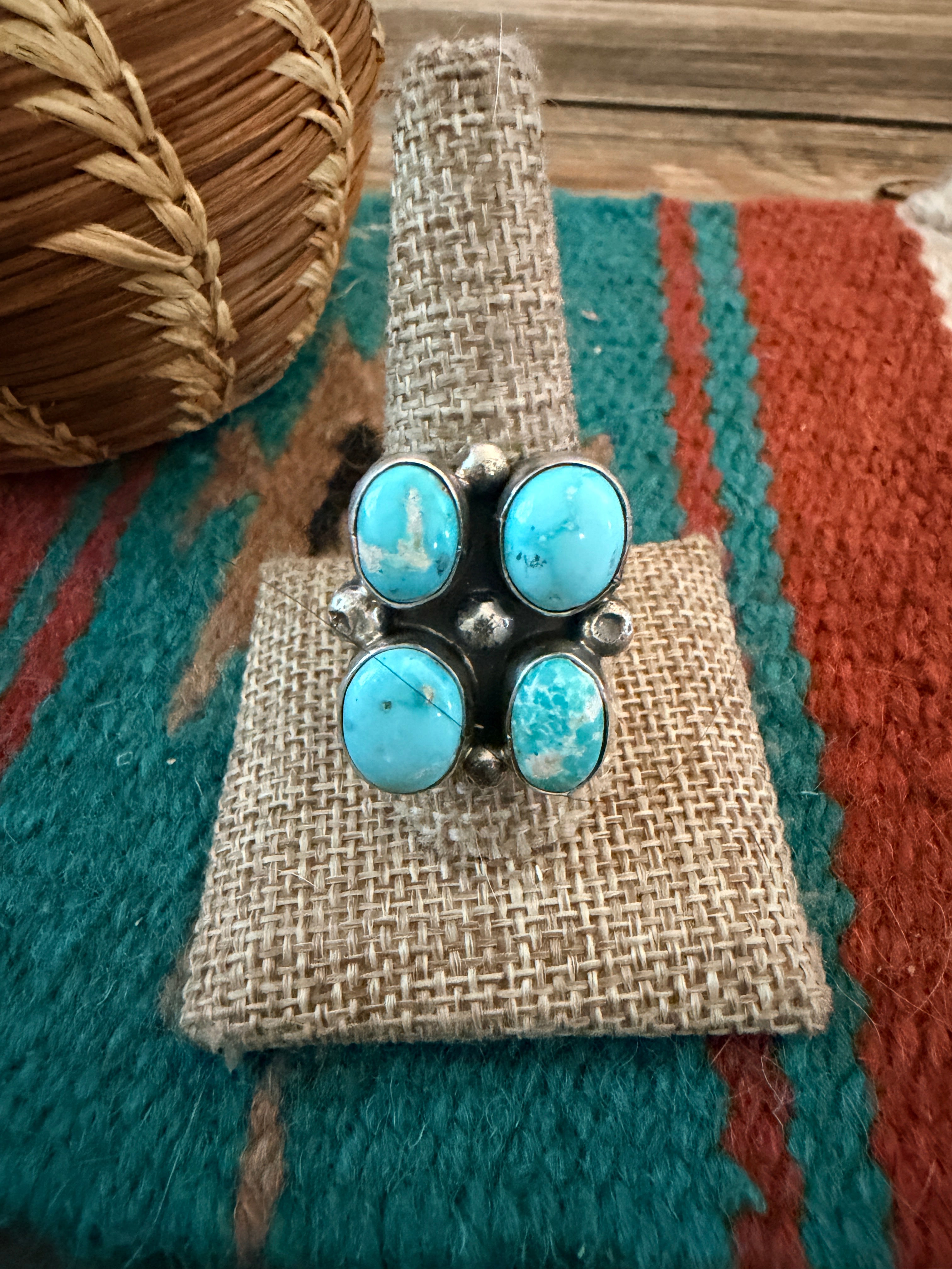 Handcrafted Turquoise & Sterling Silver Cluster Adjustable Ring