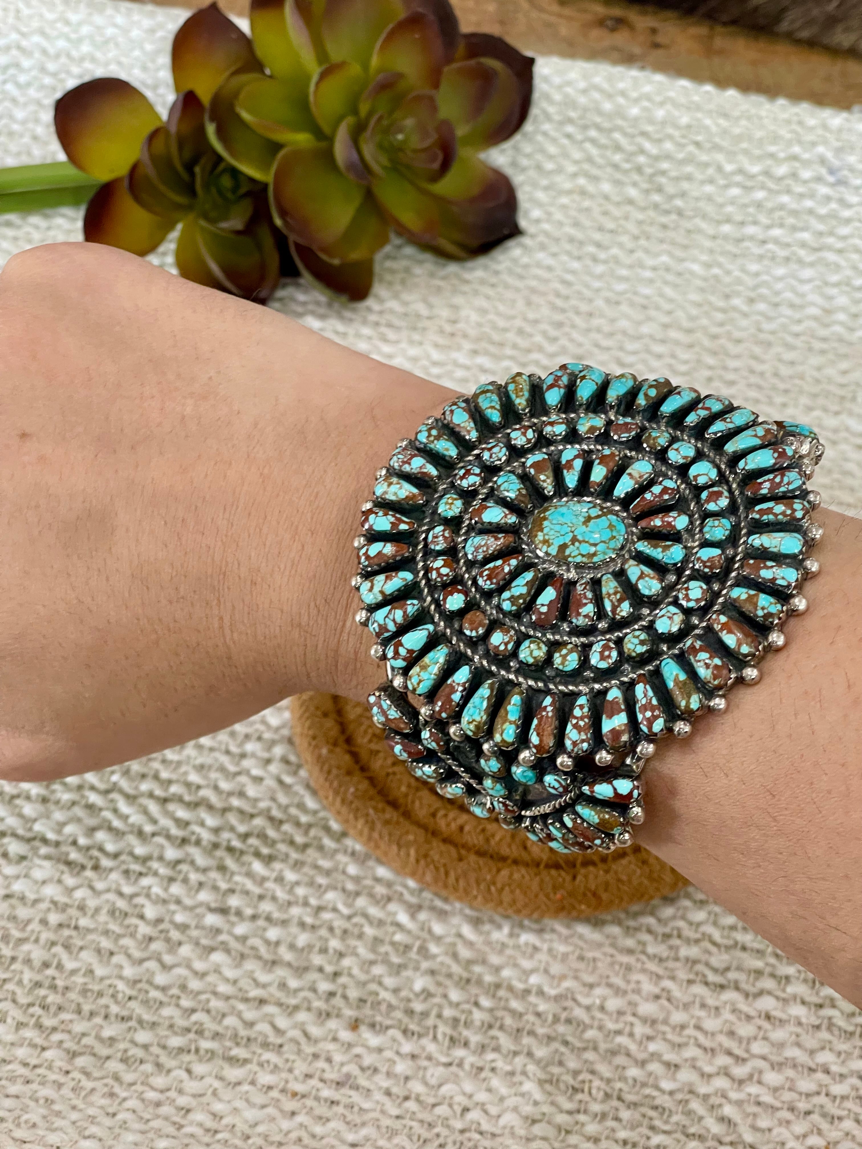 Handmade Sterling Silver & Number 8 Turquoise Cluster Cuff Bracelet
