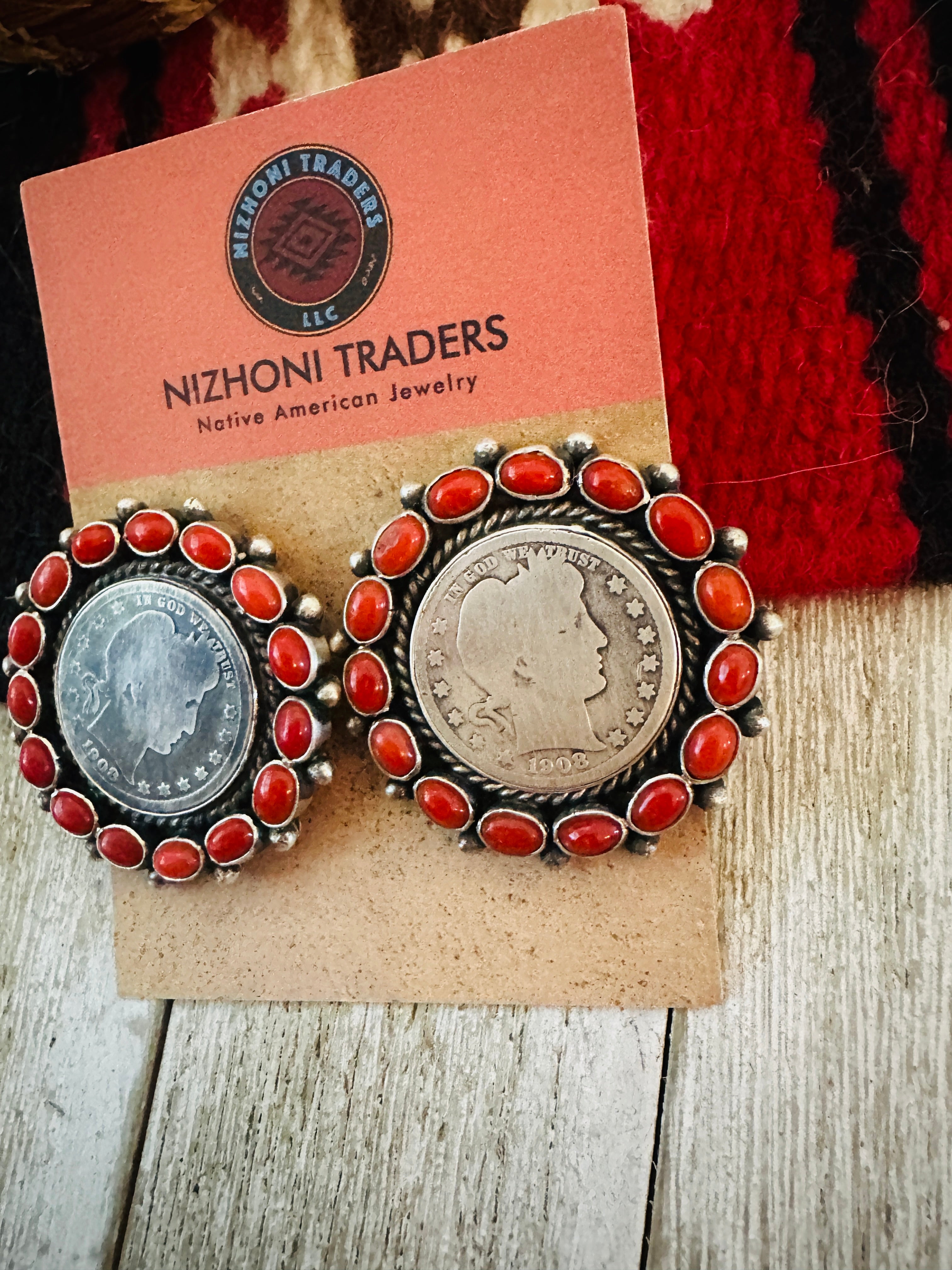 Handcrafted Sterling Silver and Coral Liberty Coin Earrings by Darrin Livingston