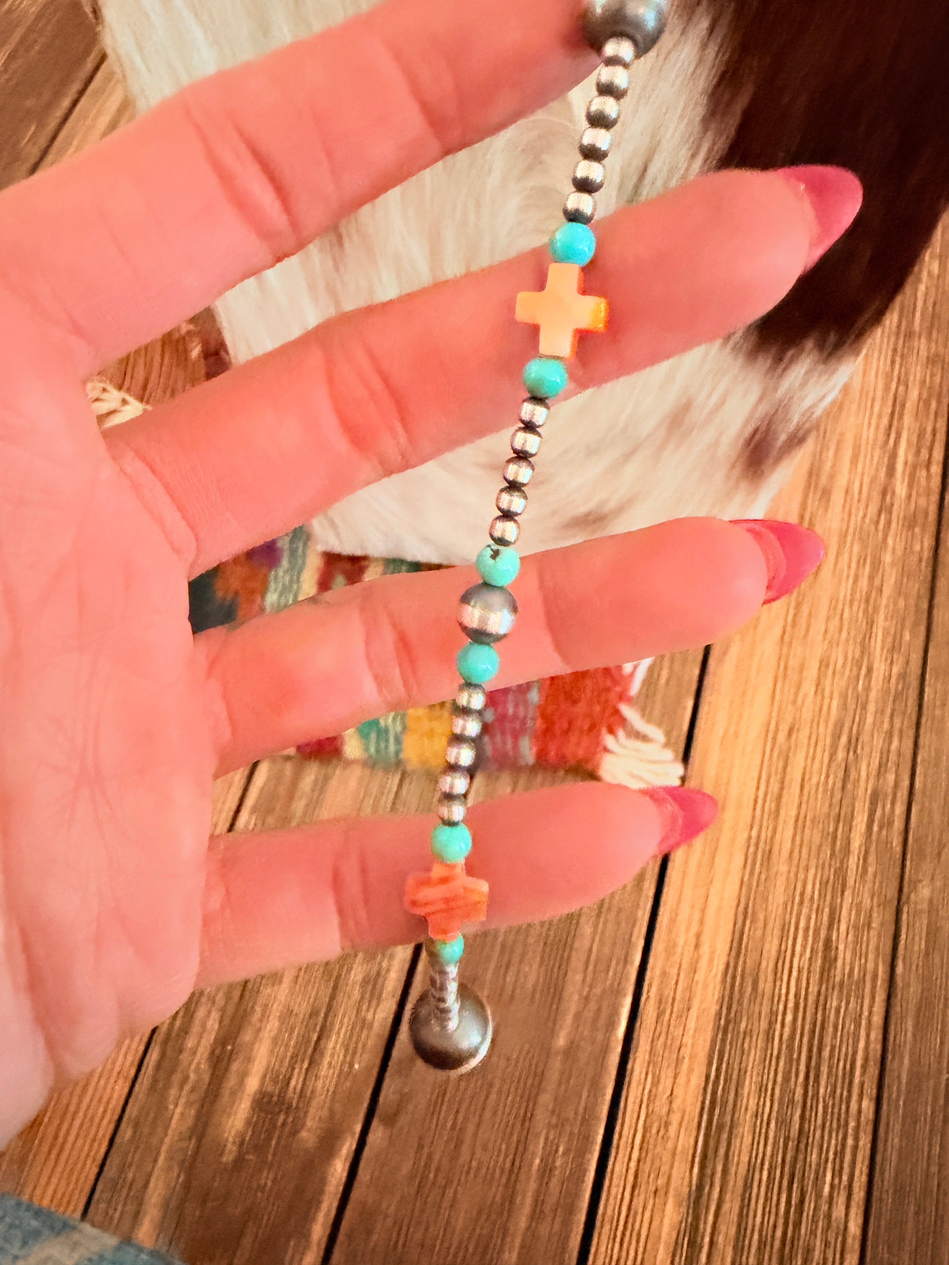 Handcrafted Turquoise, Spiny Oyster & Sterling Silver Pearl 20” Beaded Lariat Necklace