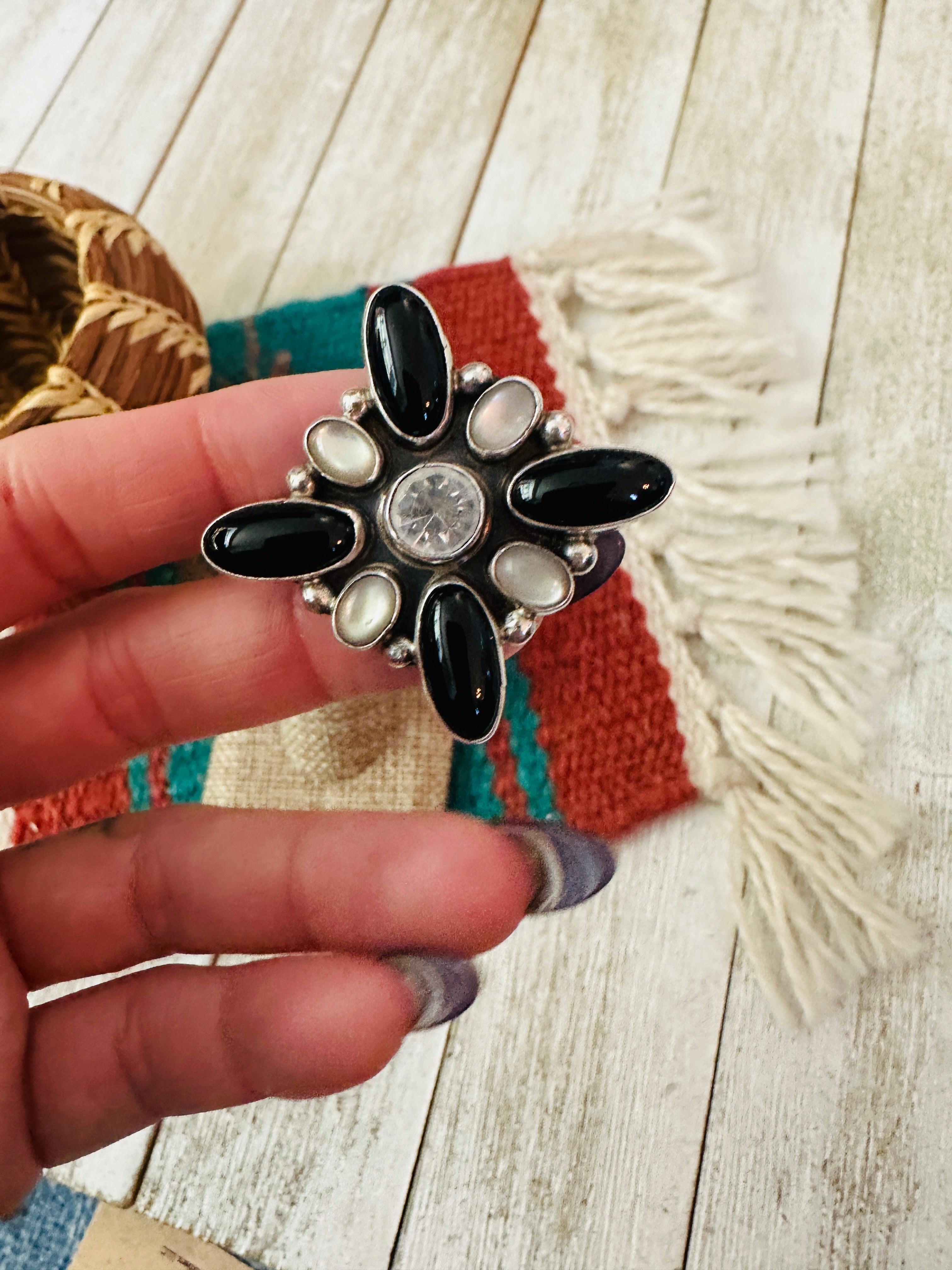 Handcrafted Mother of Pearl, Onyx & Sterling Silver Adjustable Ring by Jacqueline Silver