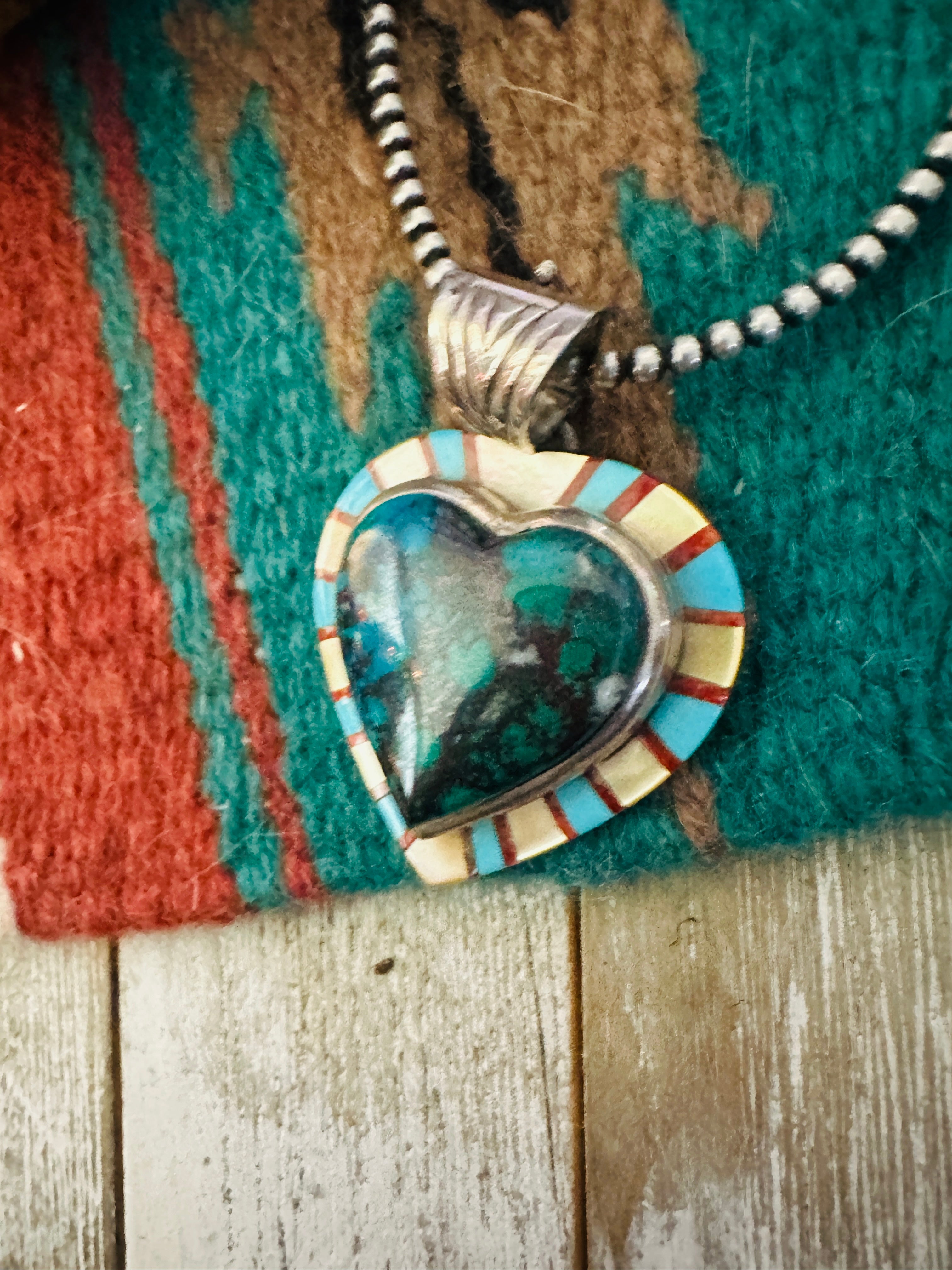 Old Pawn Handcrafted Multi Stone and Sterling Silver Inlay Heart Pendant