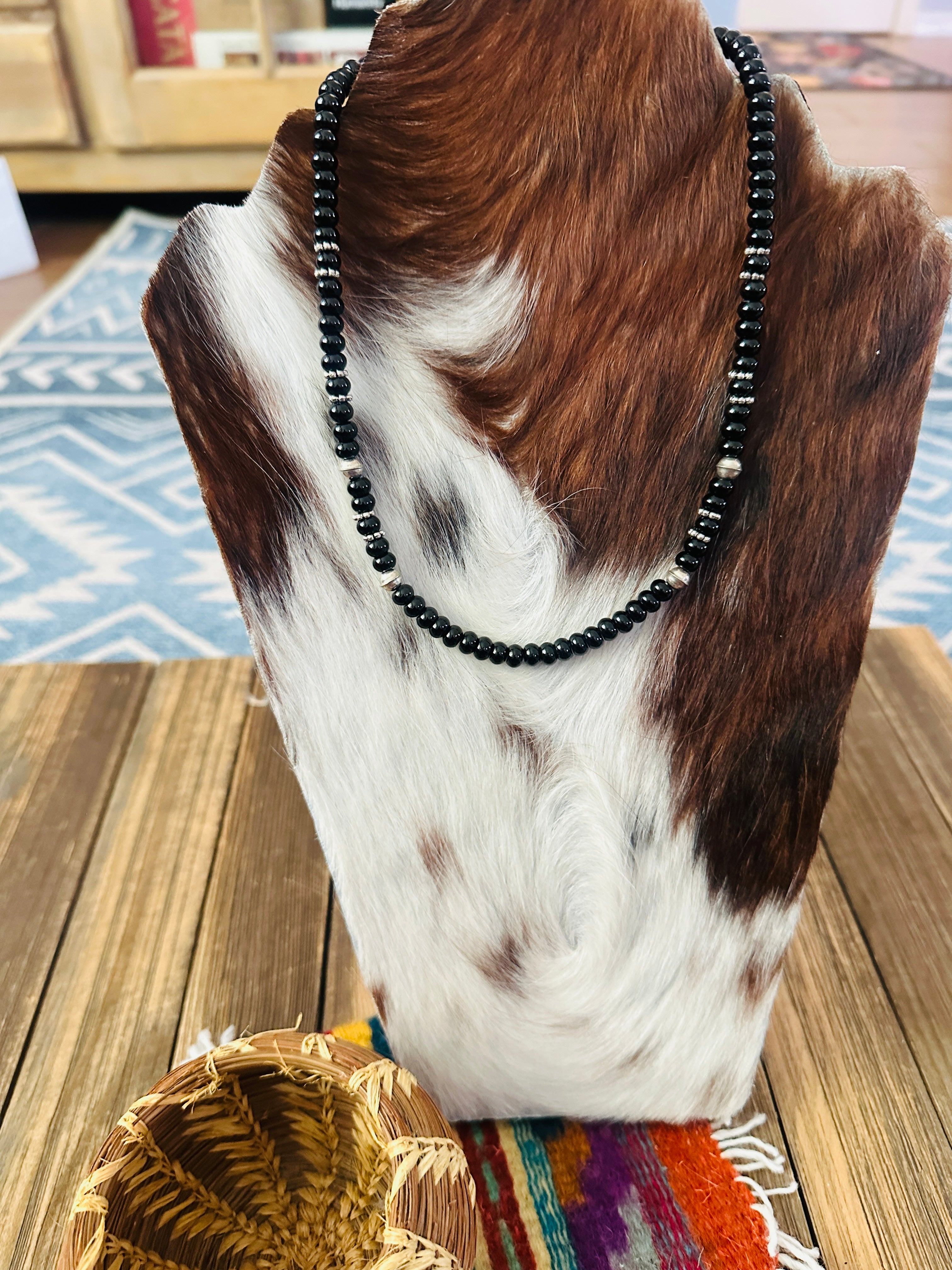 Handcrafted Black Onyx & Sterling Silver Beaded 18” Necklace by T & R Singer