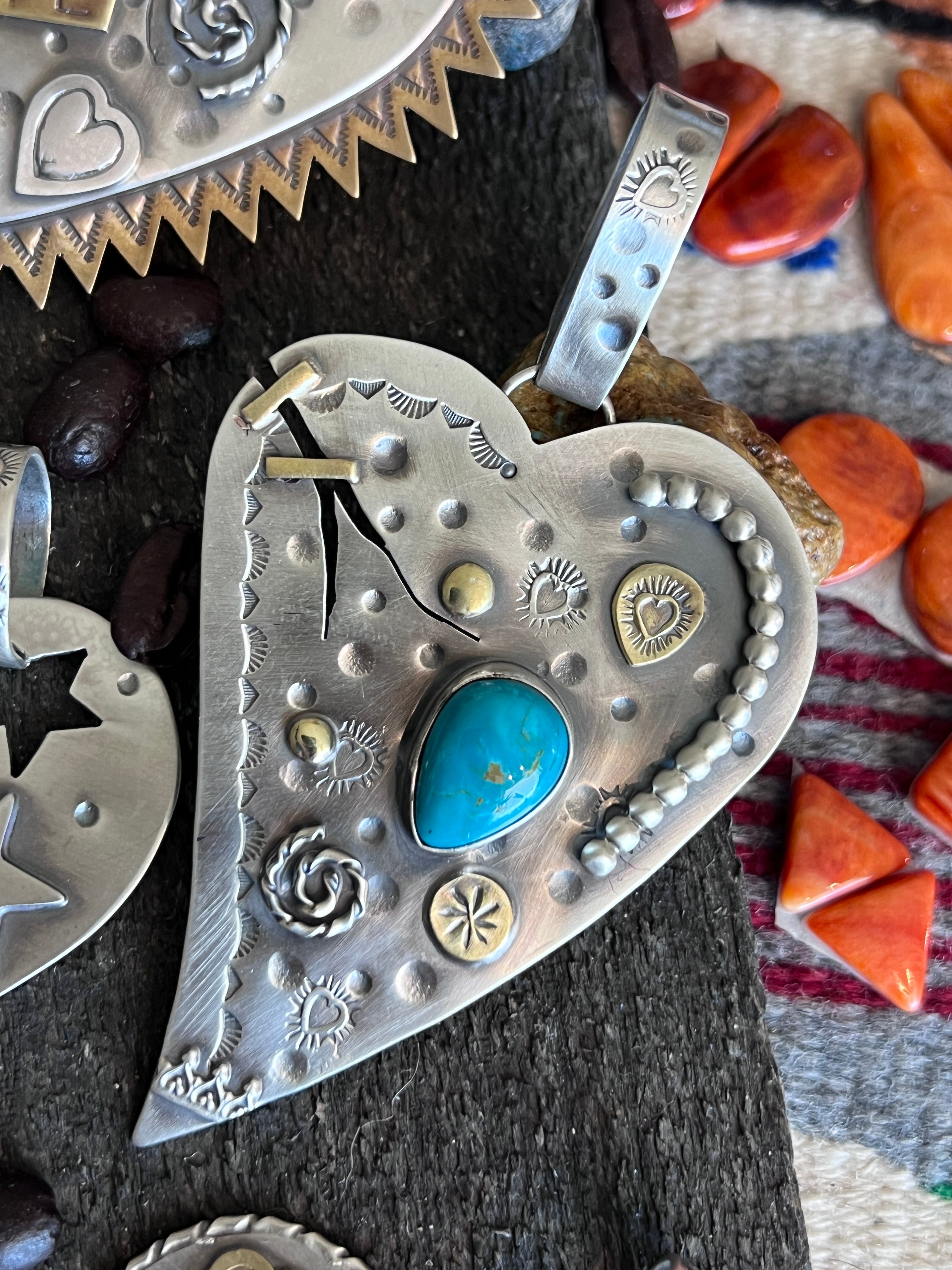 Kimari Somers Hand Stamped Sterling Silver, Brass & Turquoise ‘Mended’ Pendant