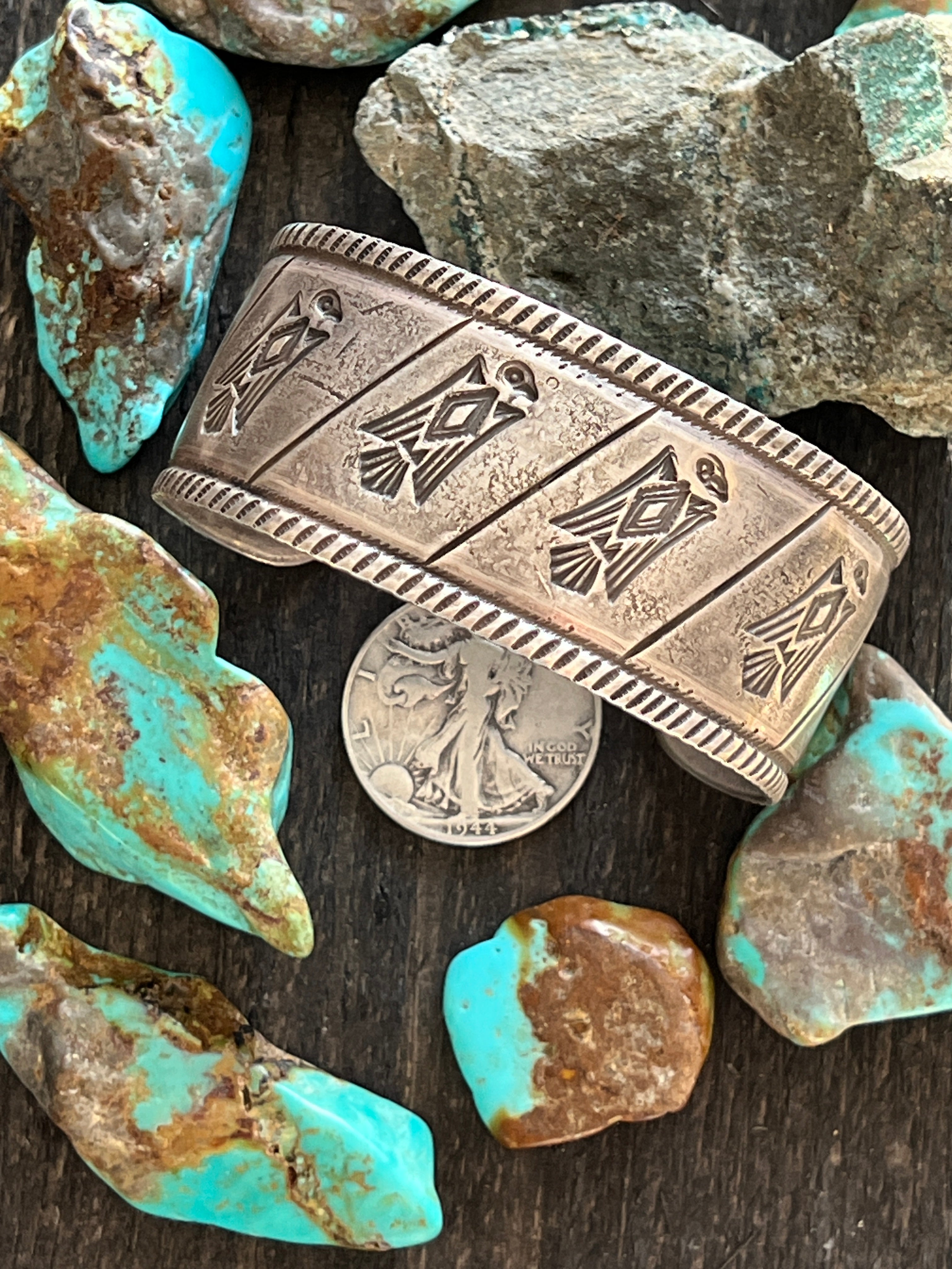 Handcrafted & Hand Forged Old Pawn Sterling Silver Ingot Cuff Bracelet by Santa Fe Artist, Buffalo: The Birds