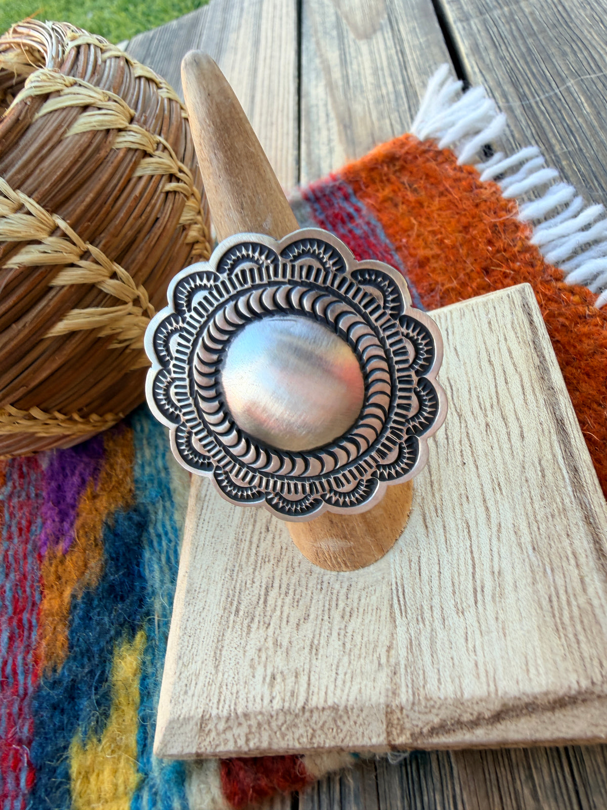 Handcrafted Sterling Silver Adjustable Concho Ring by Leander Tahe