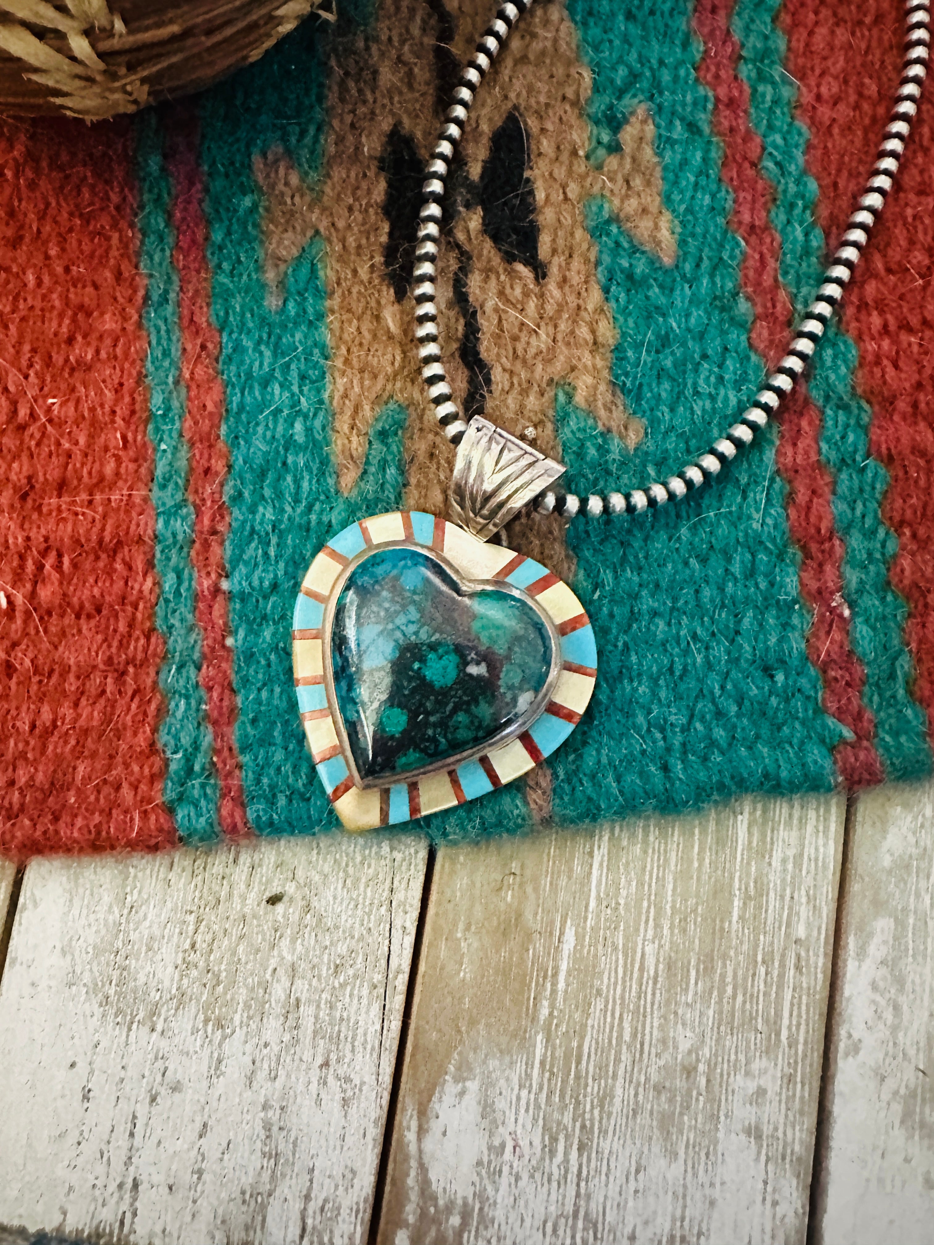 Old Pawn Handcrafted Multi Stone and Sterling Silver Inlay Heart Pendant