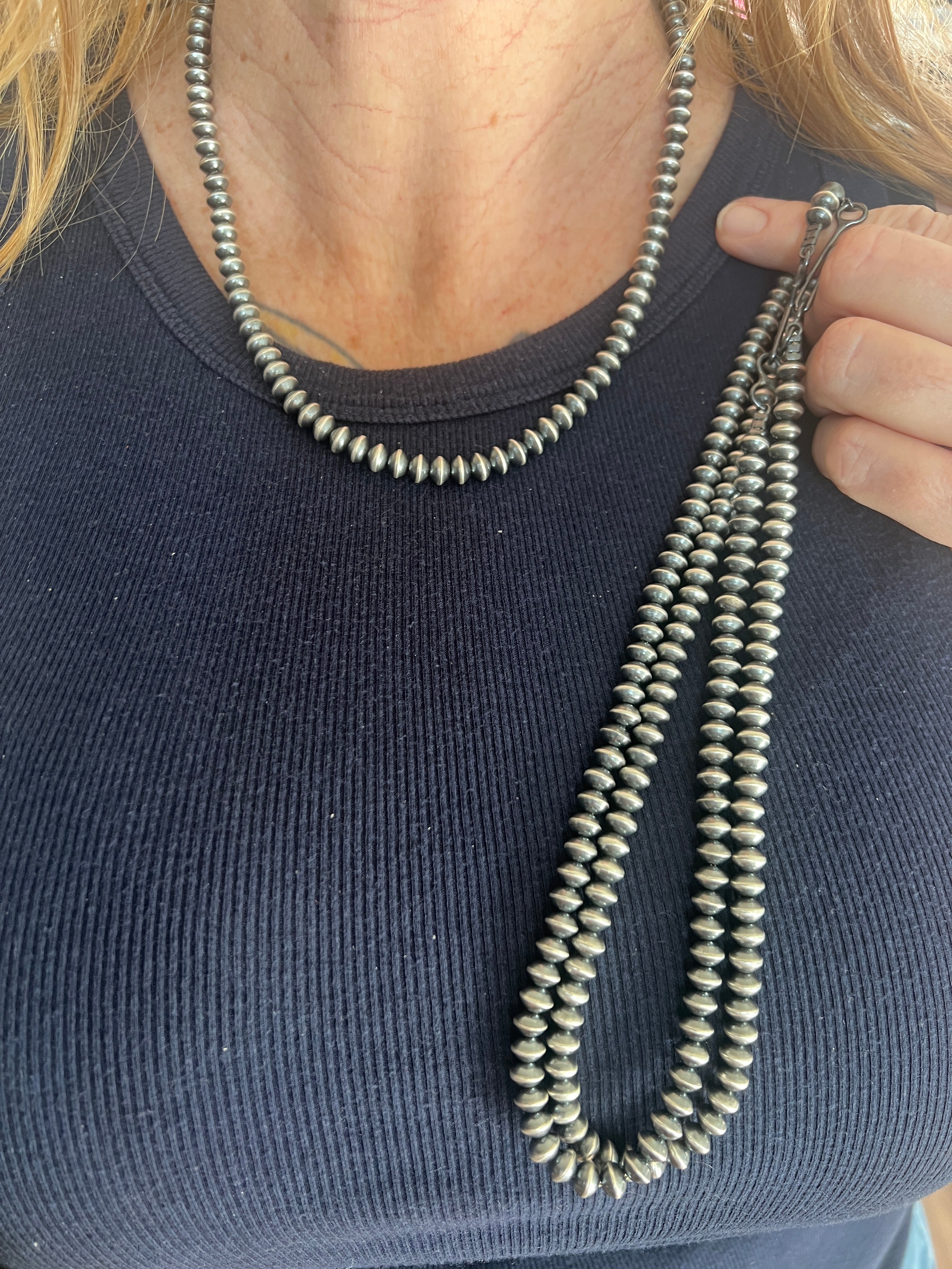 Vinita Cowboy 6.5mm Handmade Sterling Silver Navajo Saucer Pearl Necklaces, 20 inches