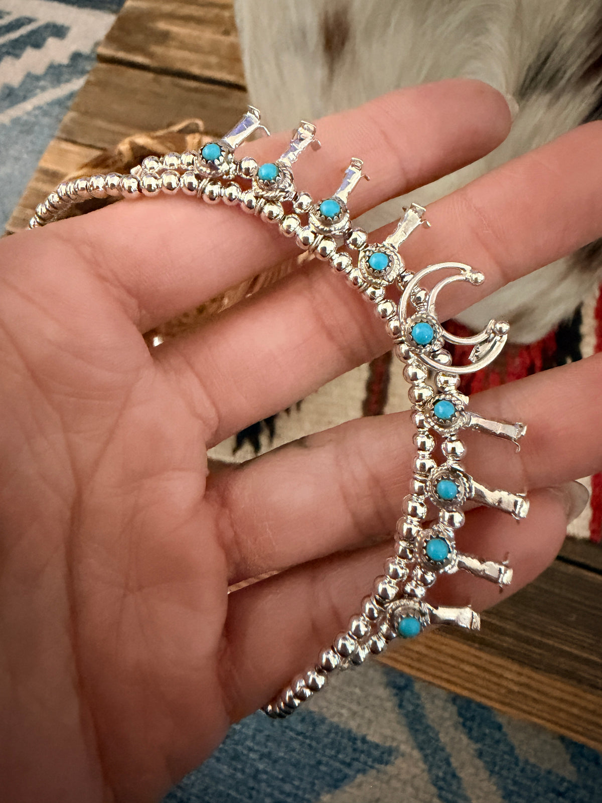 Handcrafted Turquoise & Sterling Silver Beaded Mini Squash Blossom Necklace