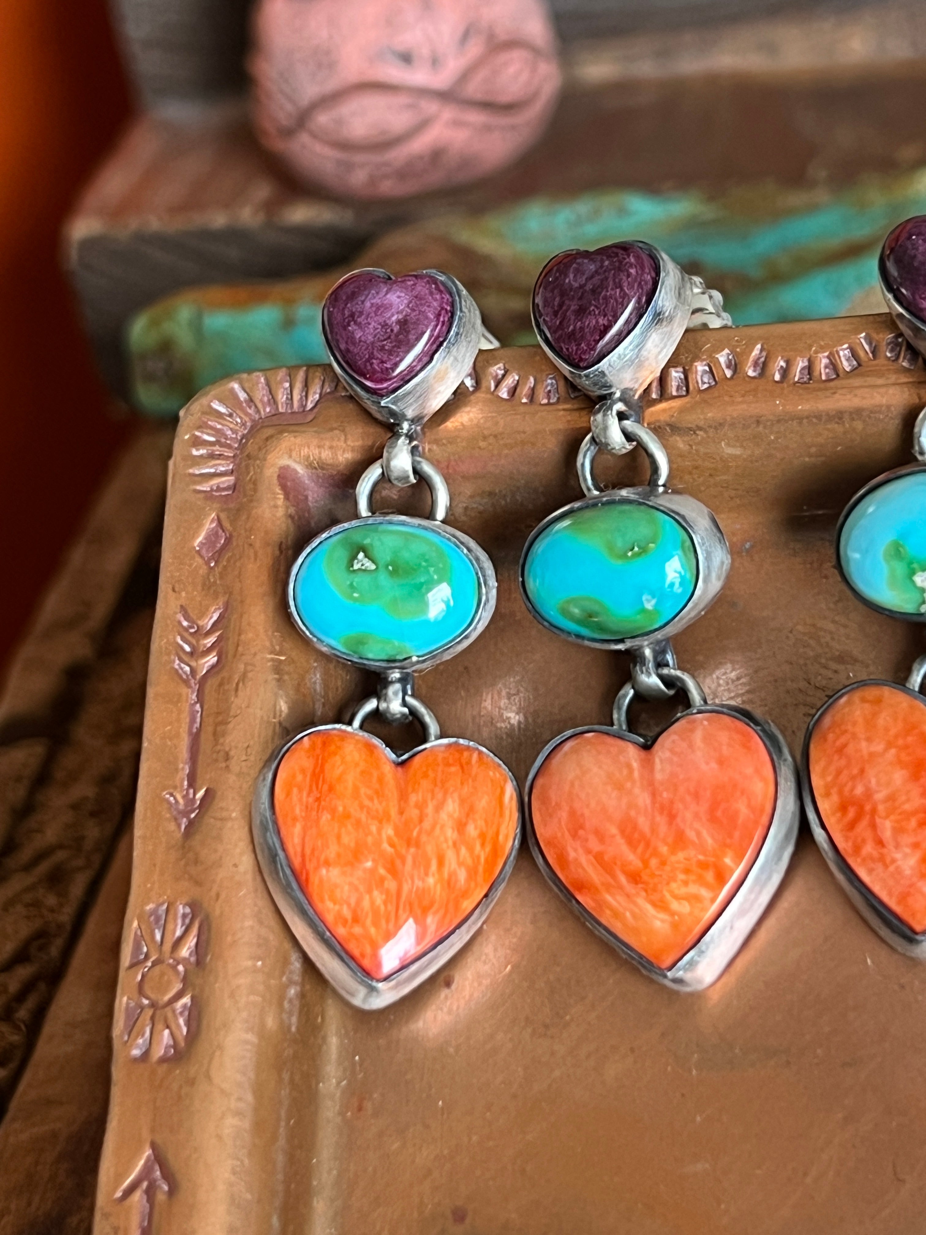 Vibrant Handcrafted Electric Rainbow Sterling Silver, Sonoran Turquoise and Spiny Oyster Shell Heart Post Earrings by Lucy Jake