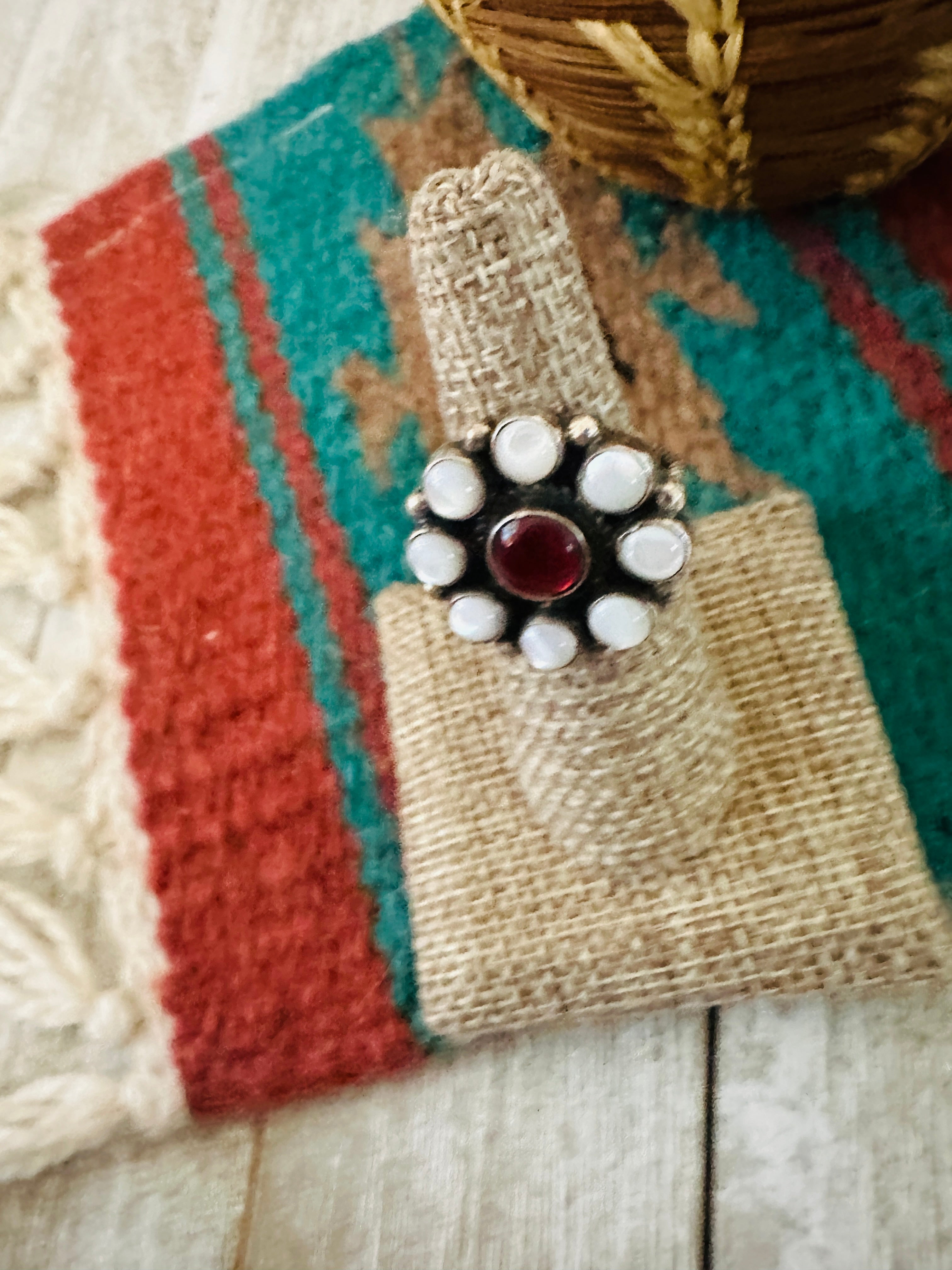 Handcrafted Sterling Silver, Mother of Pearl and Garnet Cluster Adjustable Ring