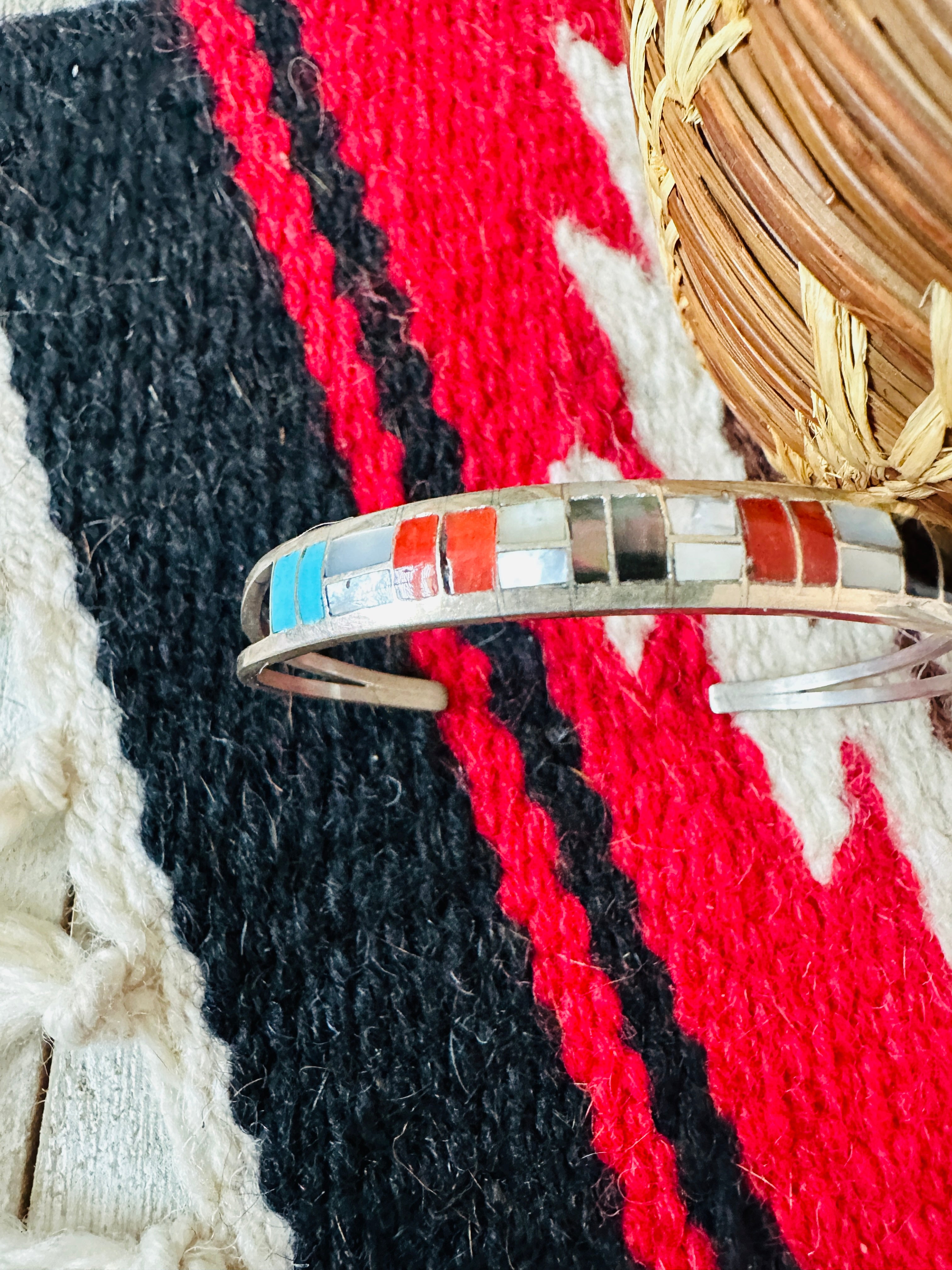 Handcrafted Multi Stone & Sterling Silver Inlay Cuff Bracelet
