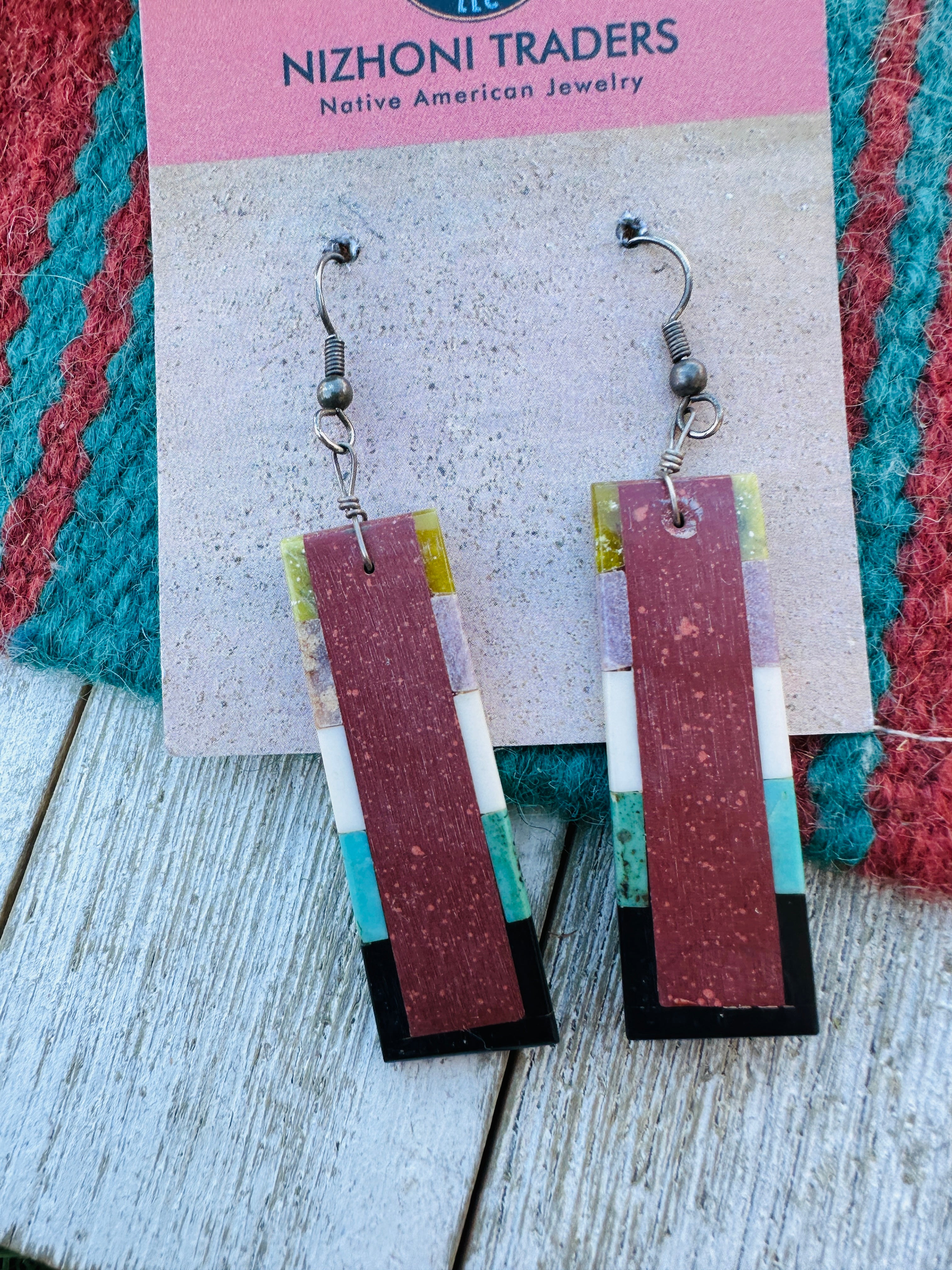 Handcrafted Old Pawn Multi Stone Inlay Dangle Earrings