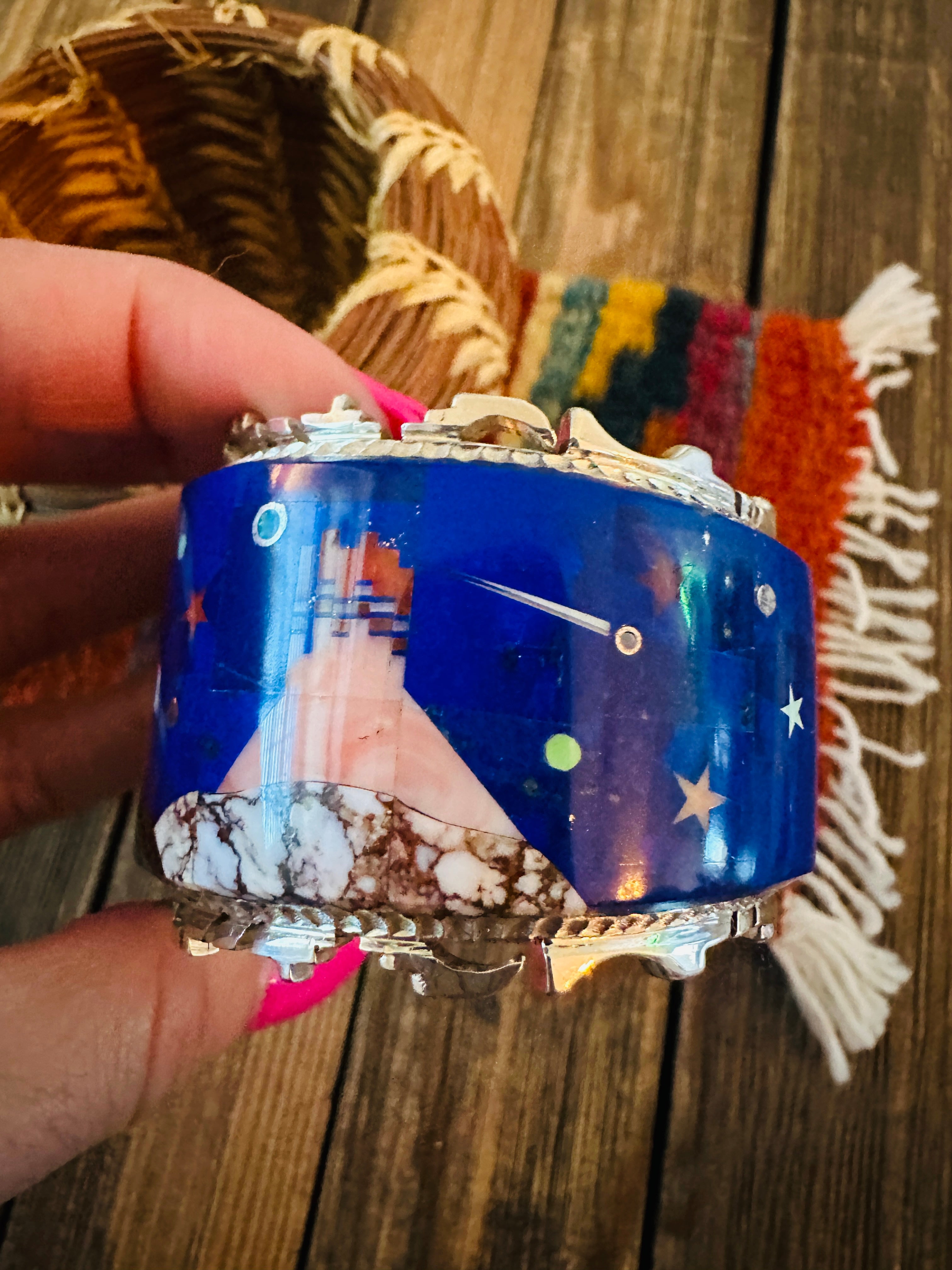 Handcrafted Sterling Silver & Multi Stone Inlay Pueblo Village Cuff Bracelet by Alvin Yellowhorse