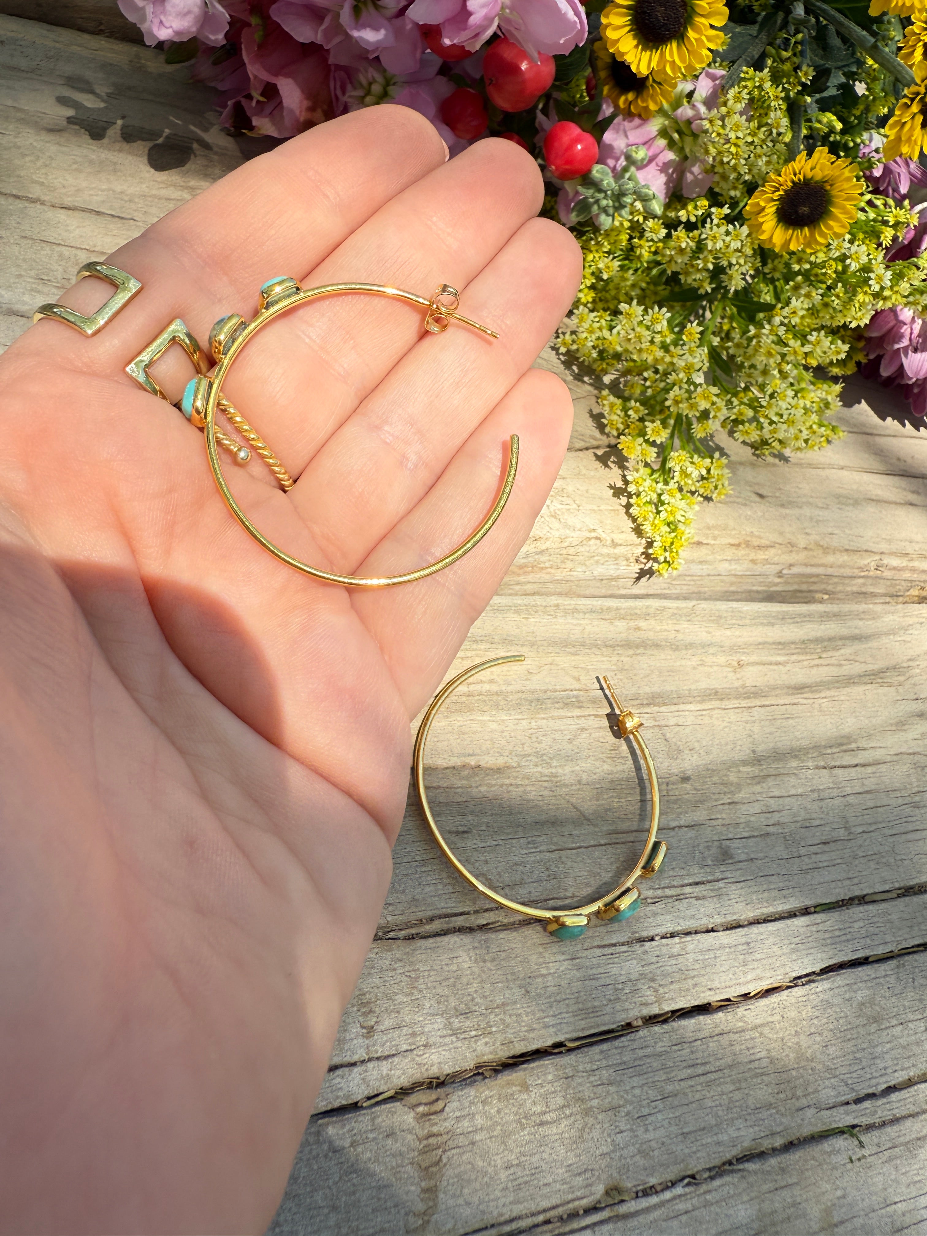 “The Golden Collection” Golden Hoops Handmade Turquoise & Gold Plated Hoop 3 Stone Earrings