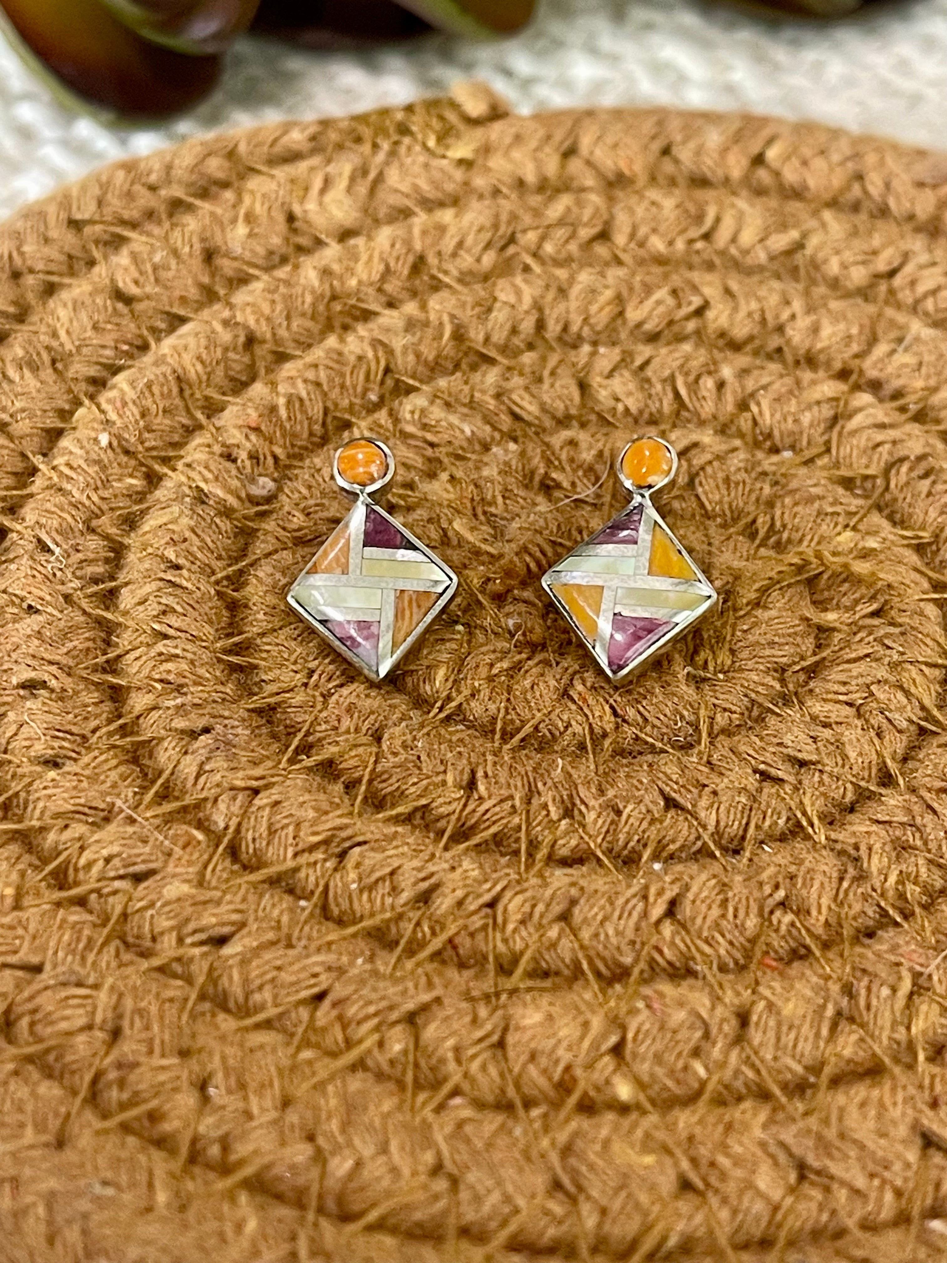 Beautiful Handmade Sterling Silver & Multi Stone Inlay Post Earrings