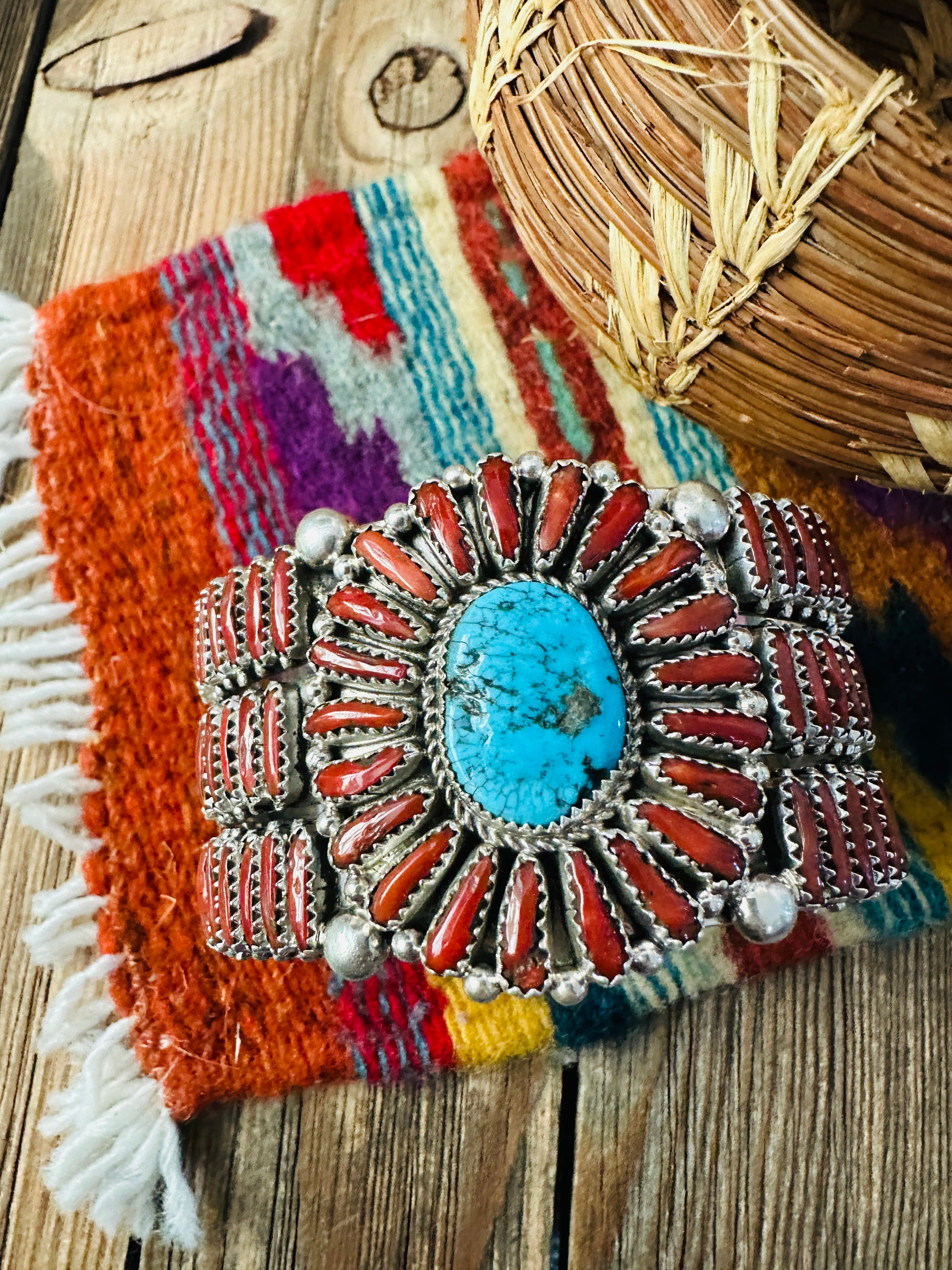 Handcrafted Coral, Turquoise & Sterling Silver Cluster Cuff Bracelet
