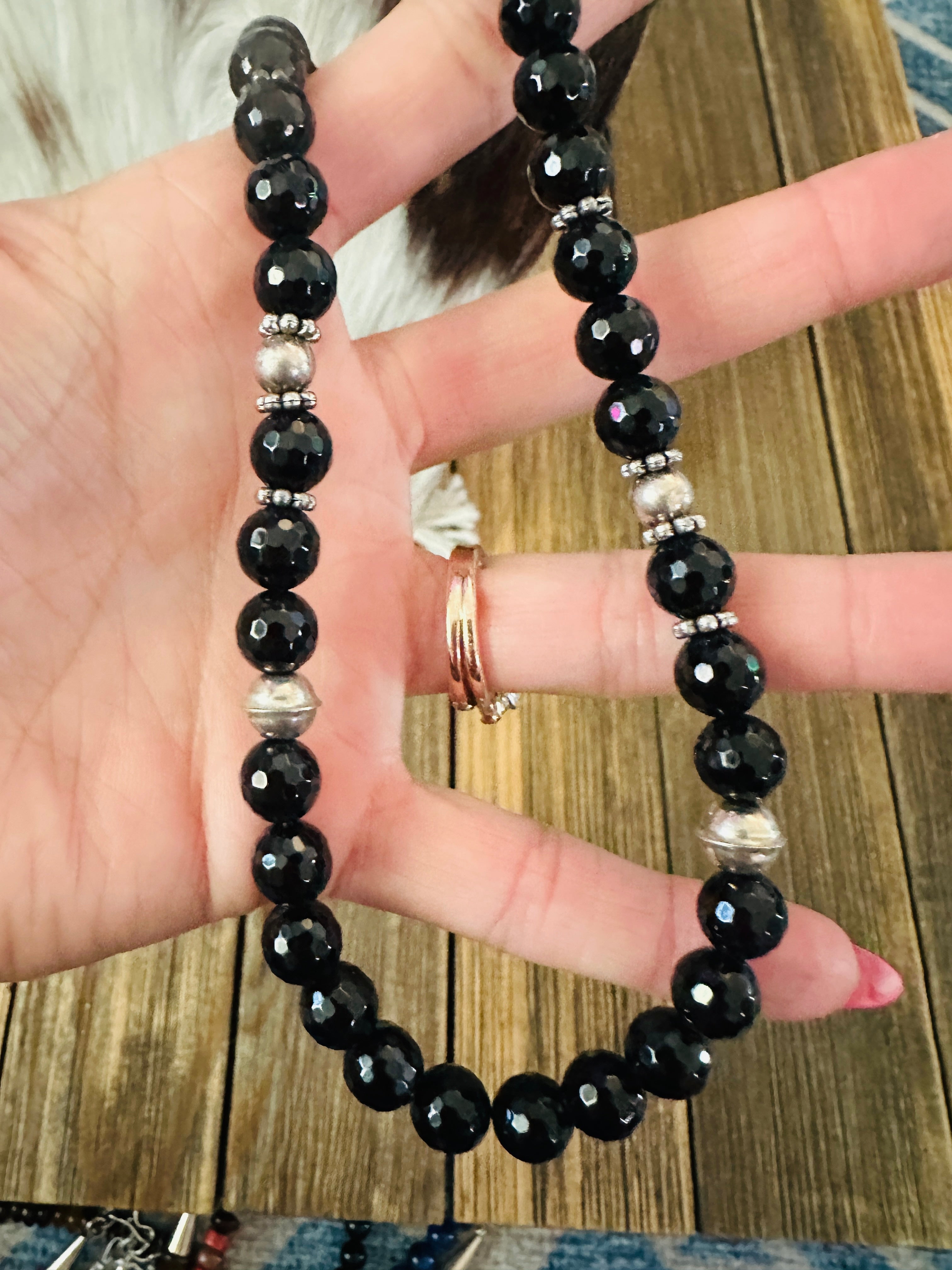 Handcrafted Black Onyx & Sterling Silver Beaded 16” Necklace by T & R Singer