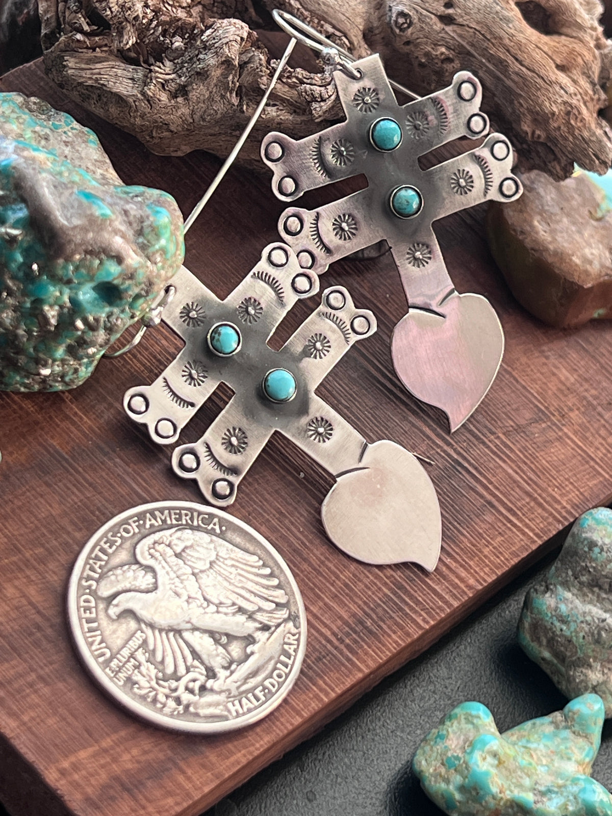 Hand Stamped Sterling Silver Dragonfly Cross Heart Dangle Earrings with Kingman Turquoise by Kimari Somers, Shaped Bars