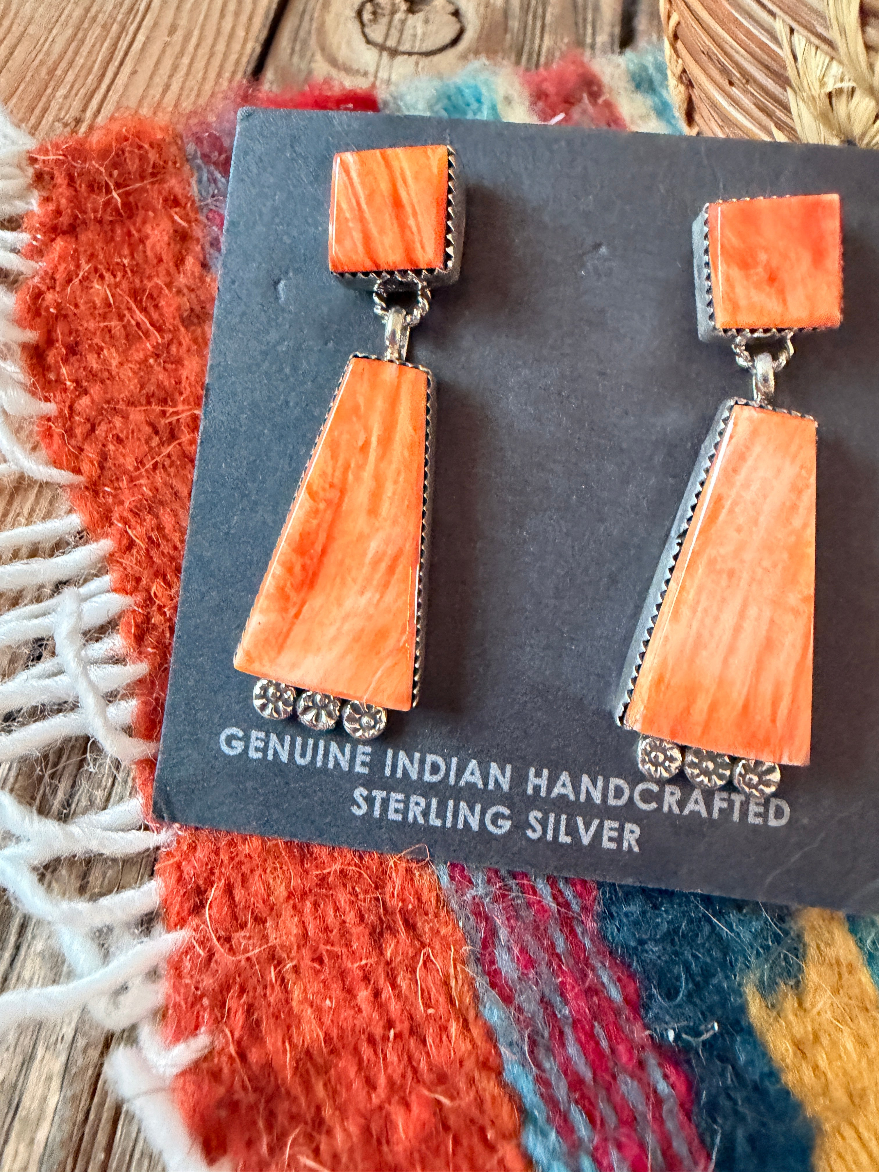 Handcrafted Orange Spiny And Sterling Silver Dangle Earrings