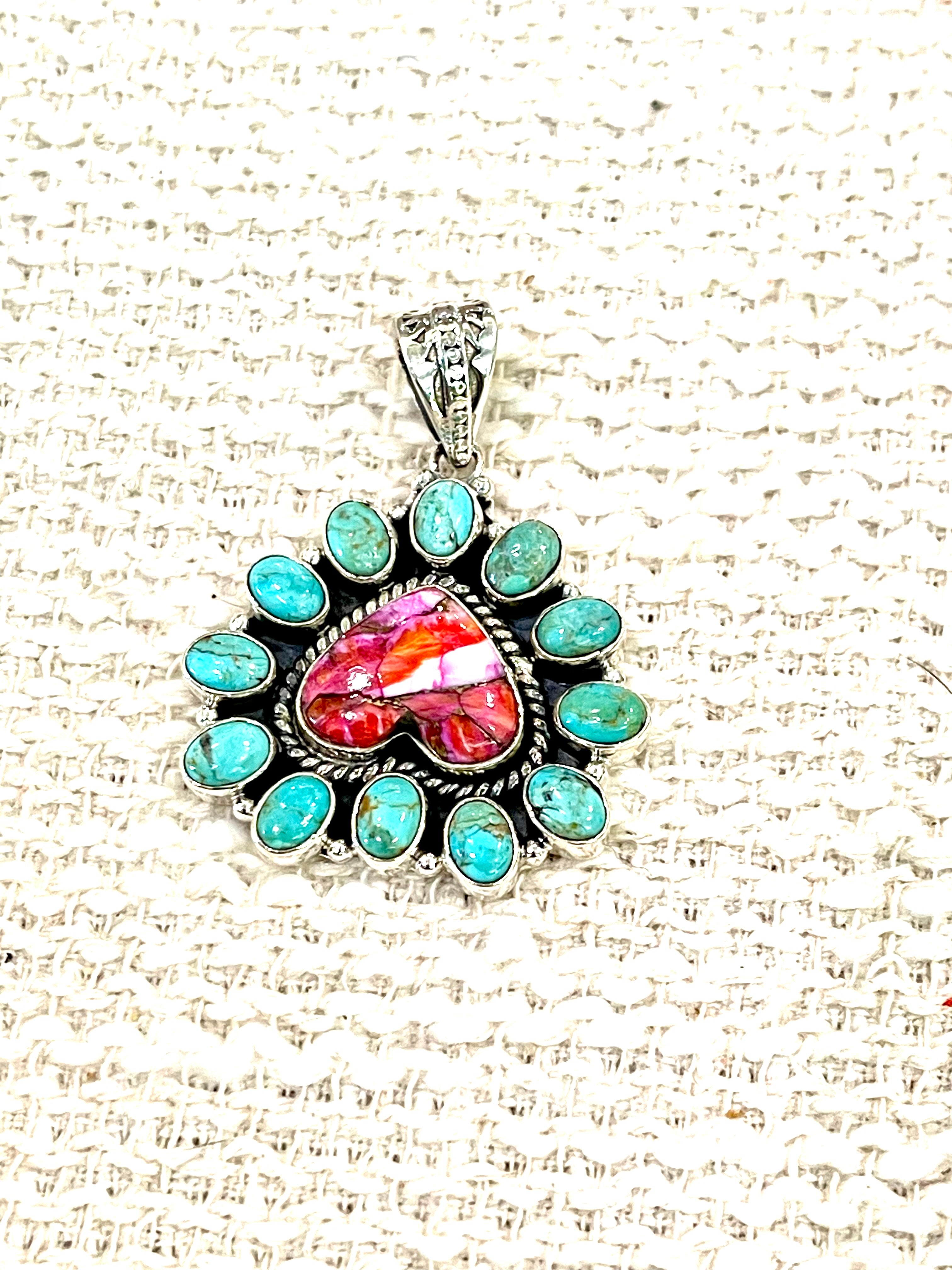 Handmade Sterling Silver,Turquoise & Pink Dream Mojave Cluster Pendant