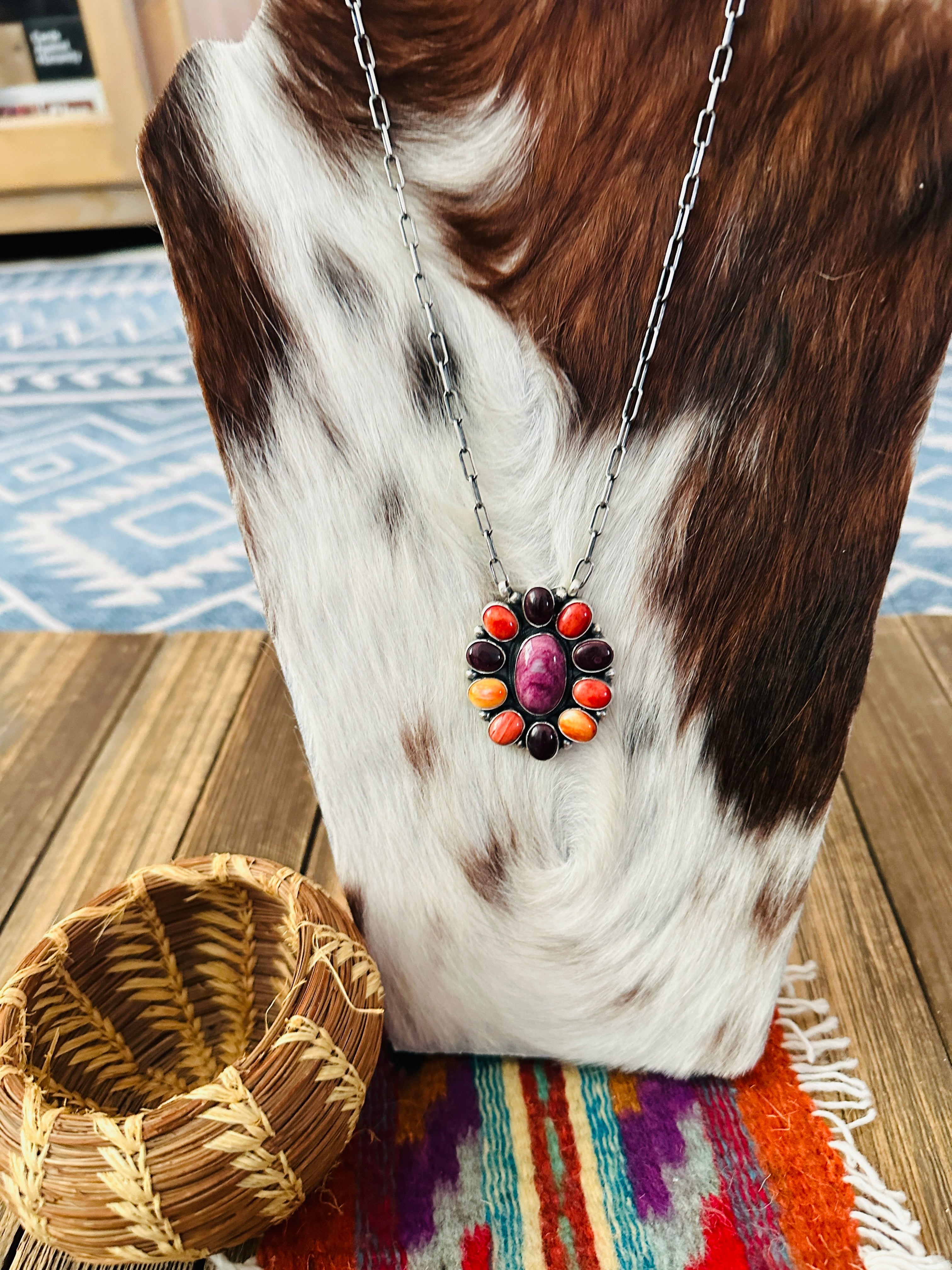 Handcrafted Multicolor Spiny Oyster & Sterling Silver Cluster Necklace by Sheila Becenti