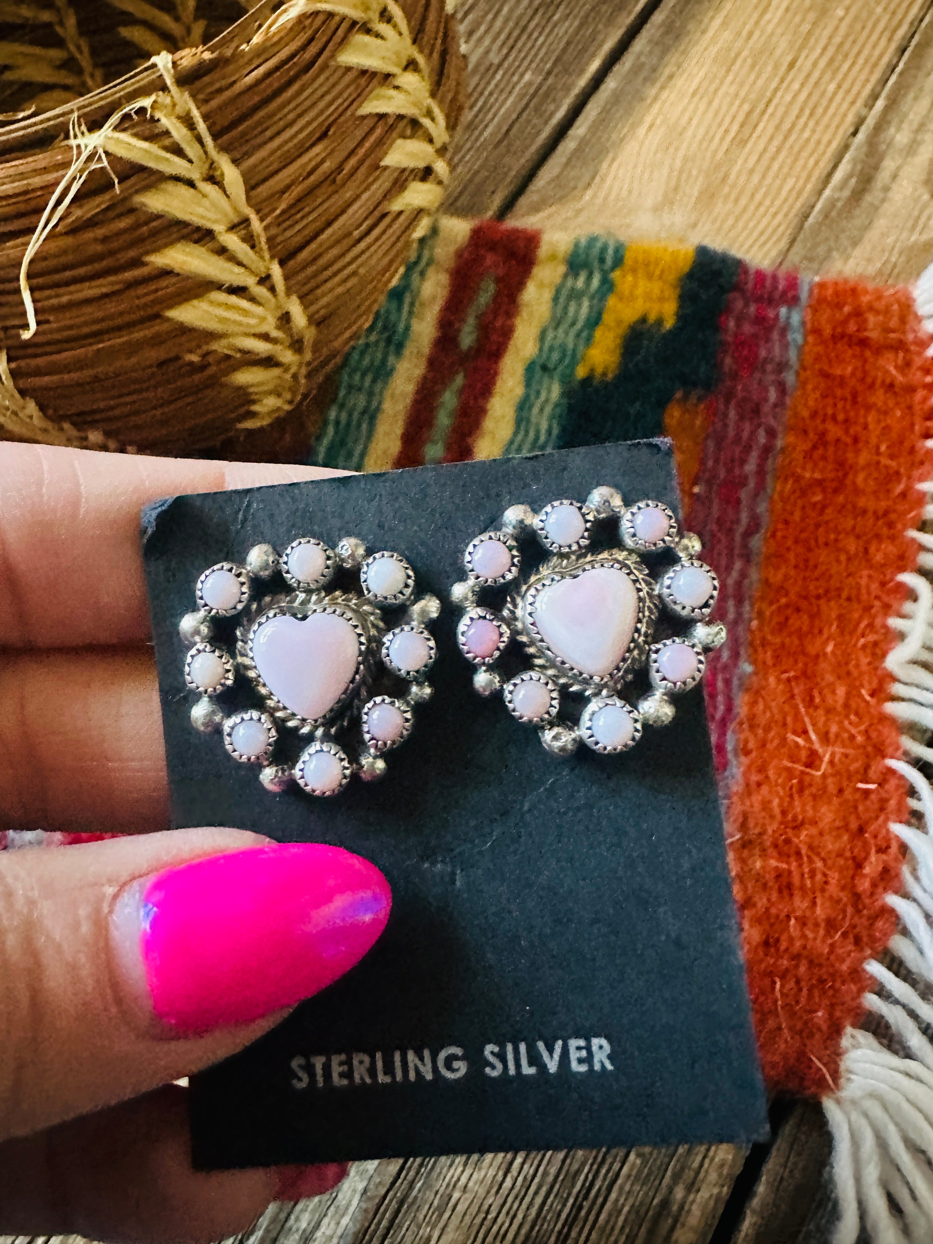 Handcrafted Queen Pink Conch & Sterling Silver Cluster Heart Post Earrings