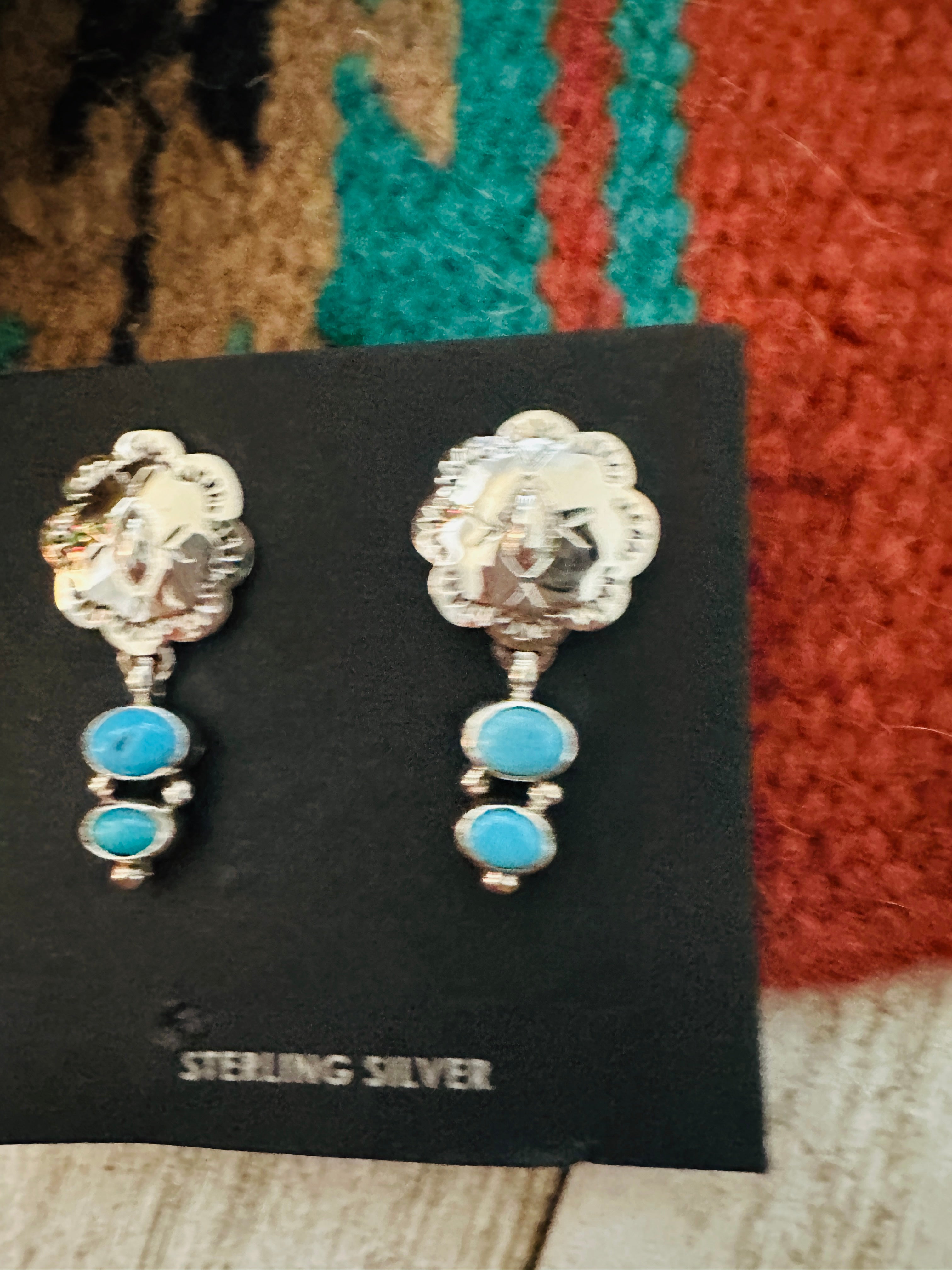 Navajo Sterling Silver & Turquoise Concho Dangle Earrings
