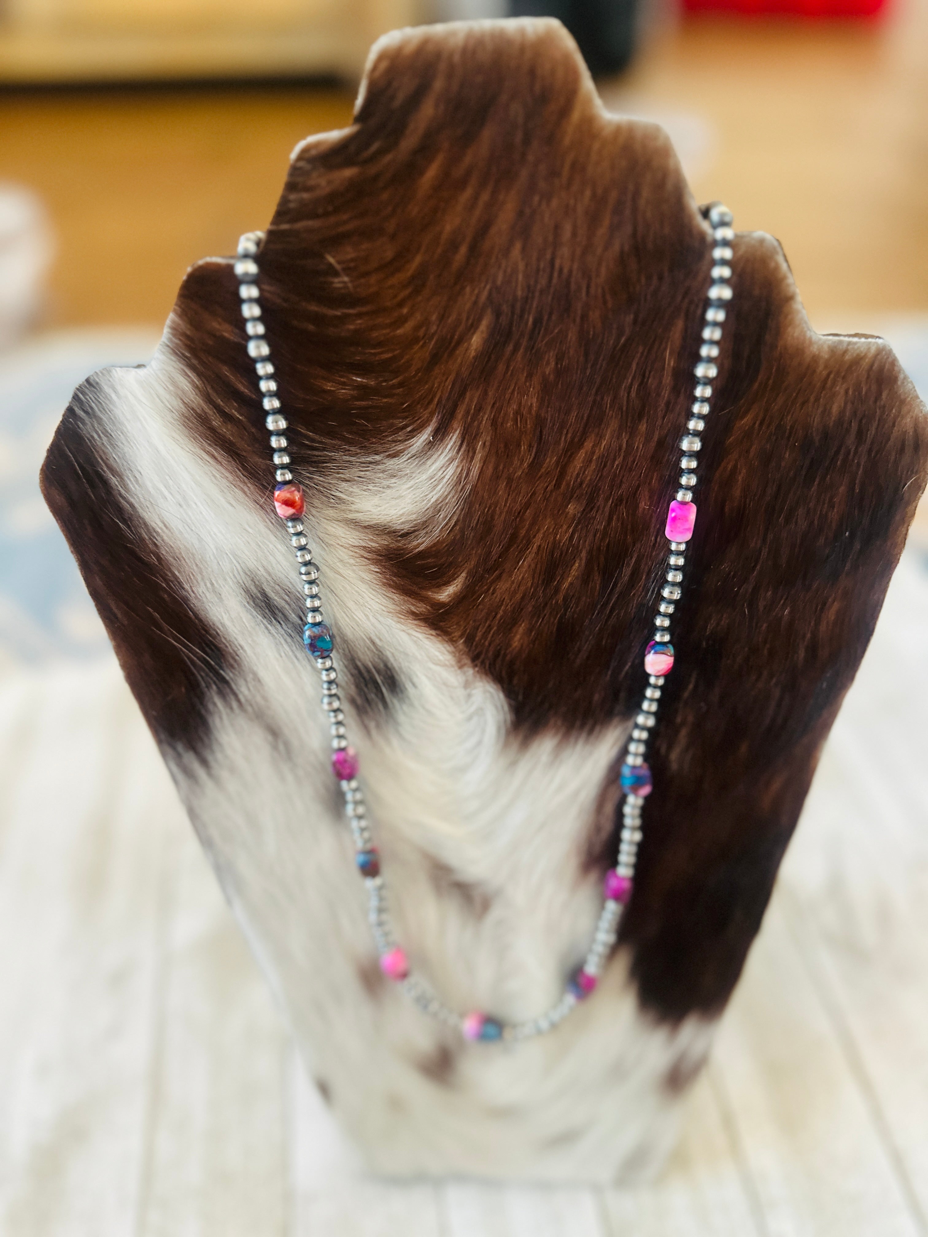 Handcrafted Sterling Silver & Pink Dream Mojave Beaded 24” Necklace