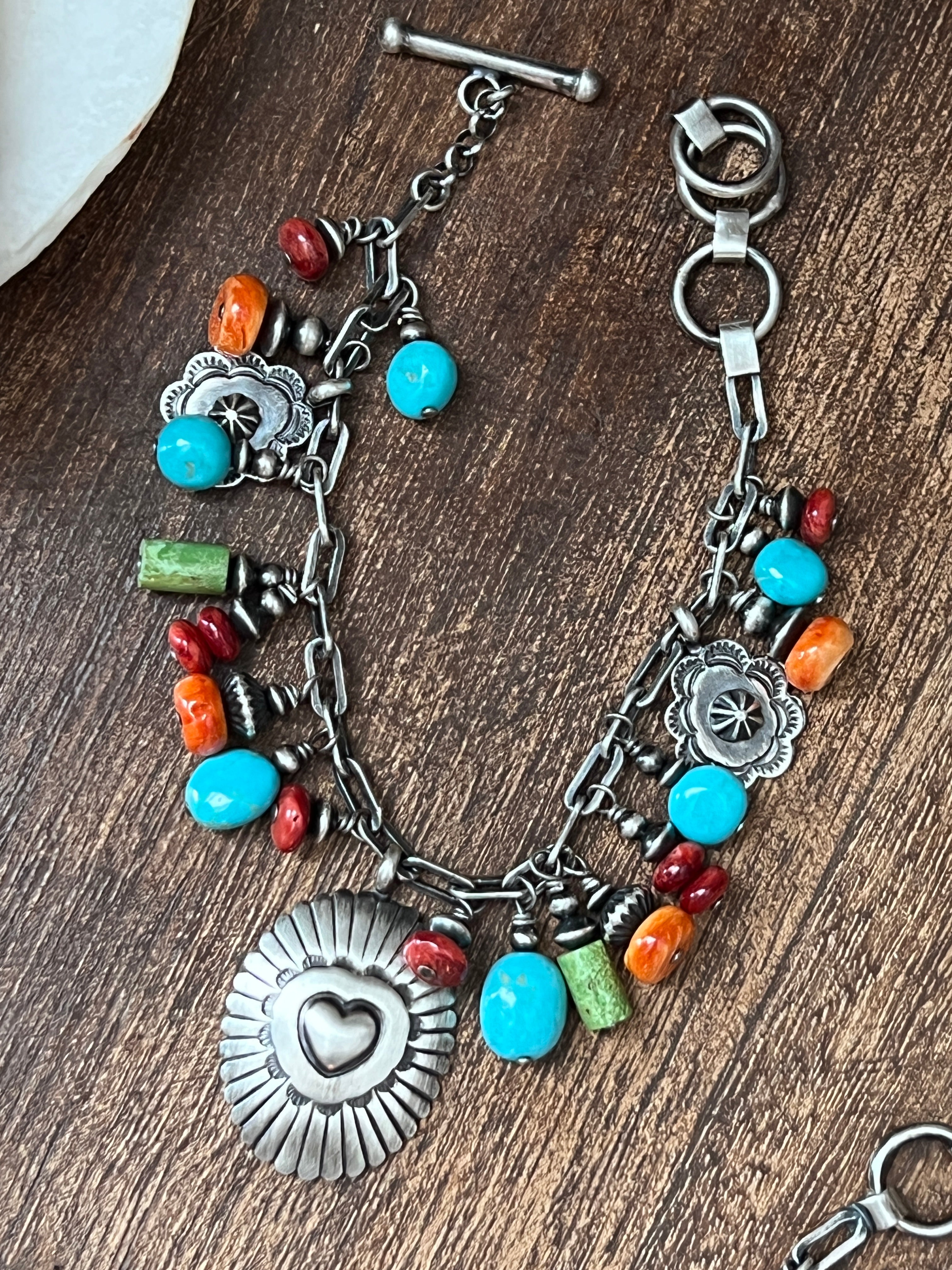 Raymond Coriz Handcrafted Sterling Silver Concho & Multistone Beaded Charm Bracelets