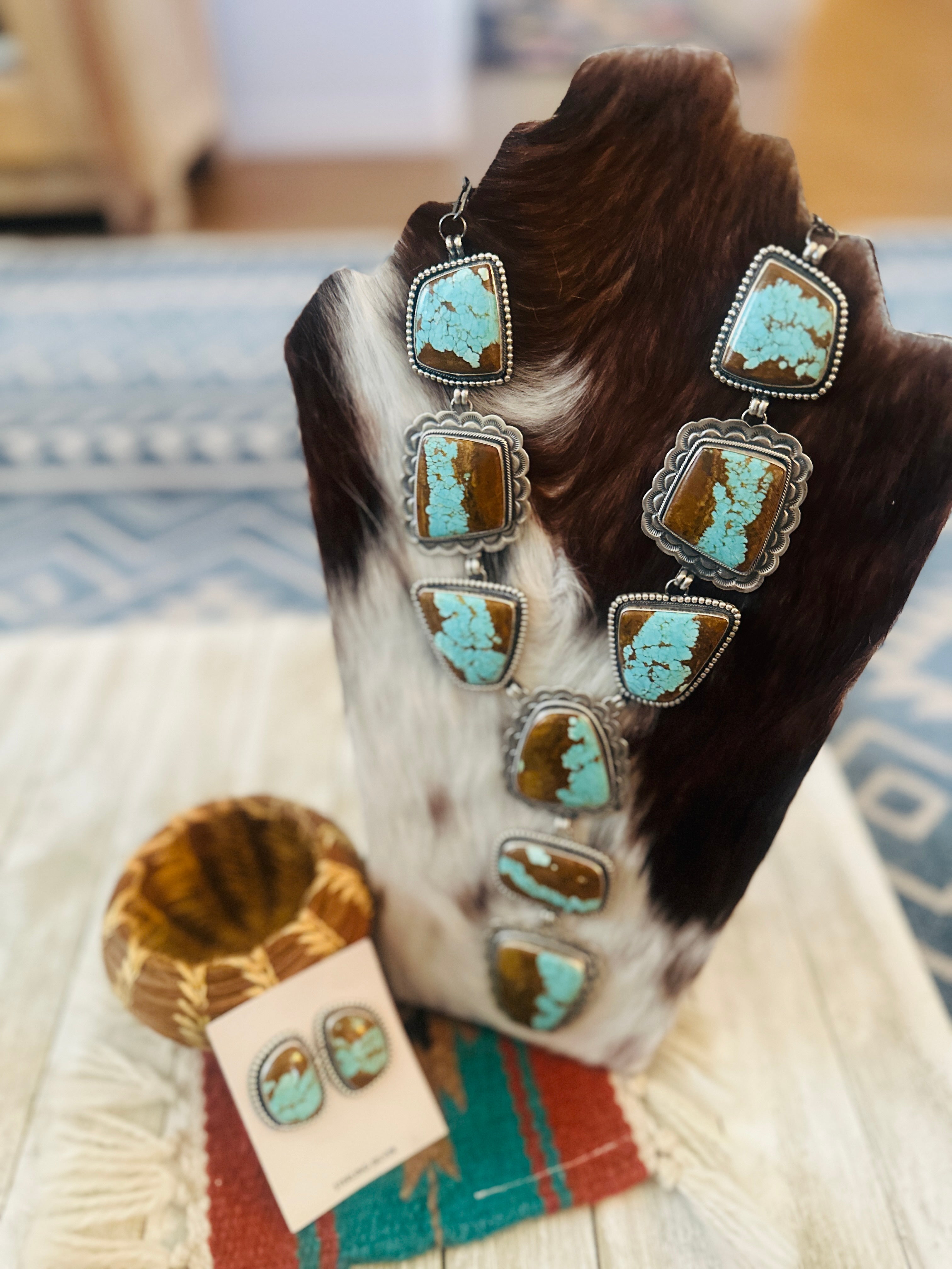 Handcrafted Number 8 Turquoise & Sterling Silver Necklace and Earring Set by Darrin Livingston