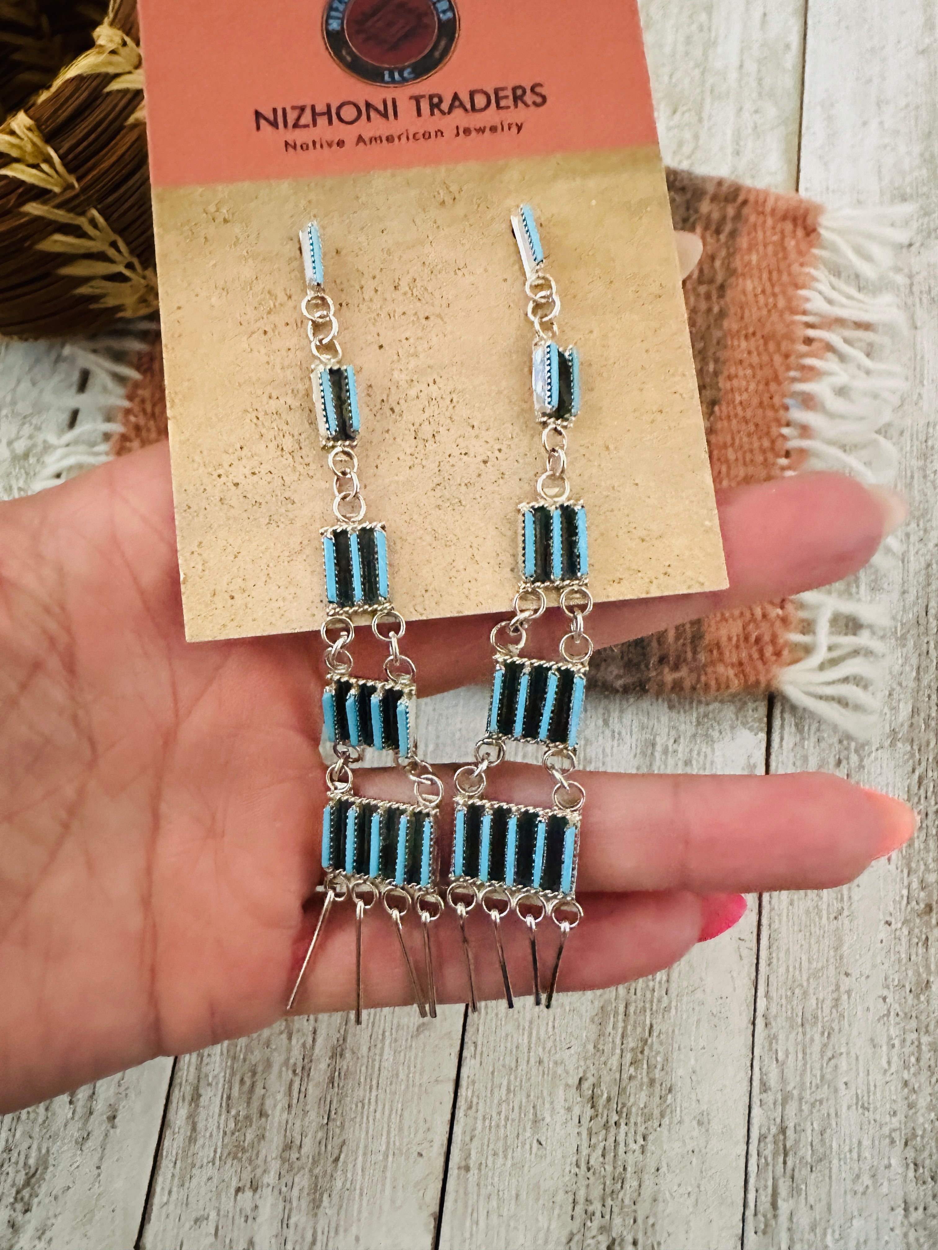 Handcrafted Sterling Silver & Turquoise Needlepoint Dangle Earrings