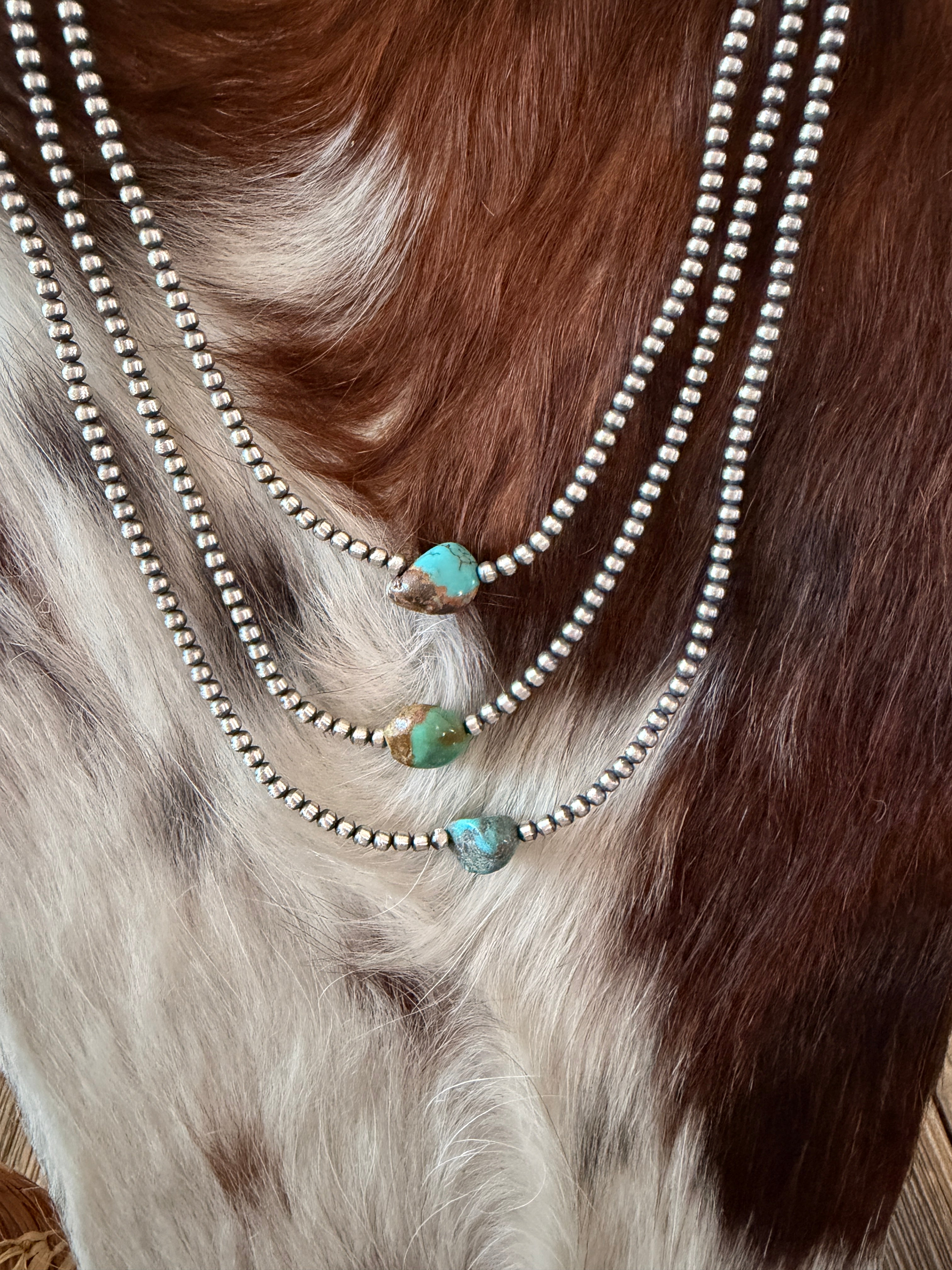 Handcrafted Turquoise & 3mm Sterling Silver Pearl Beaded Necklace