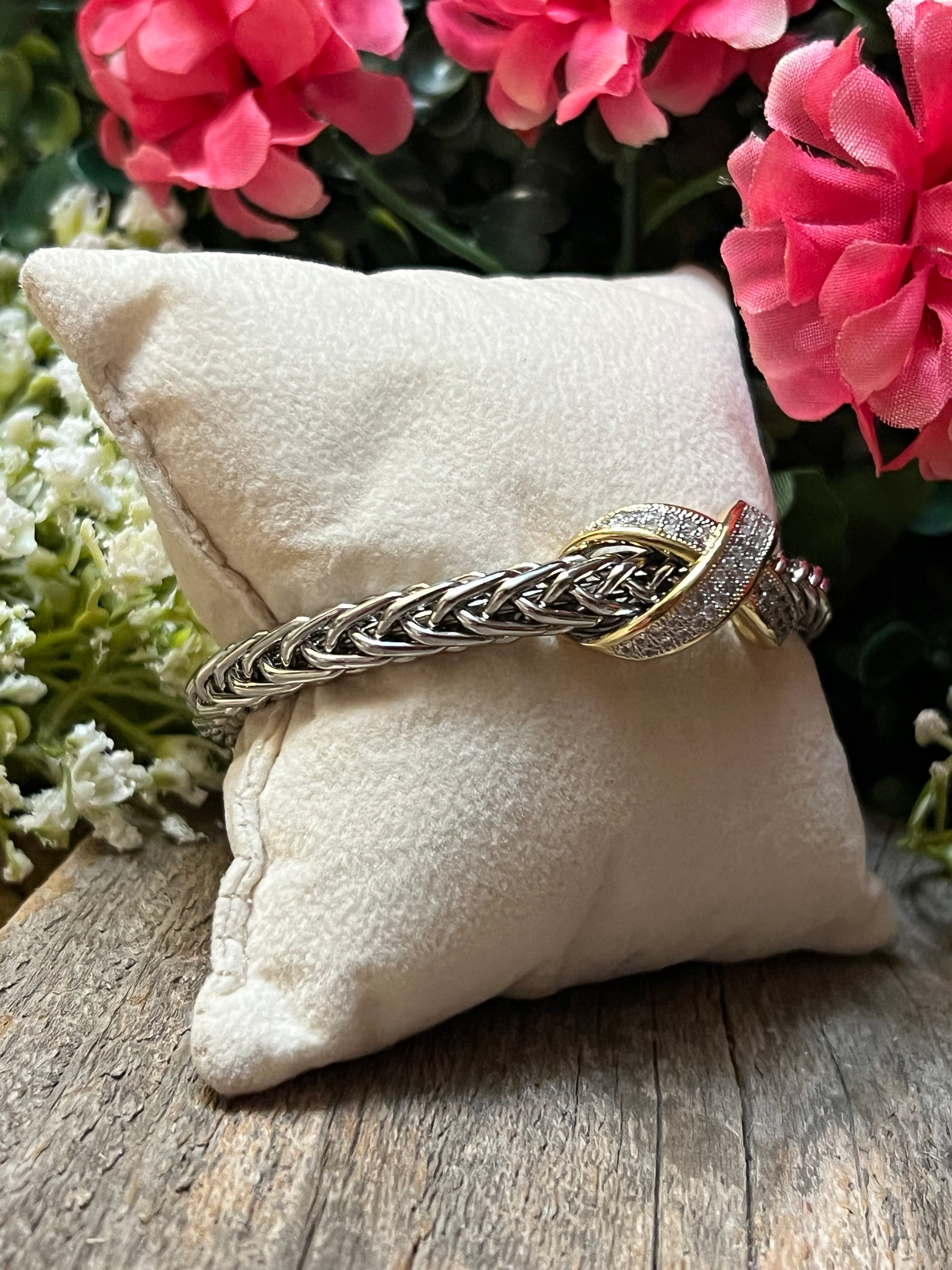 Silver & 14k Gold Plated Two Tone CZ “X” Bangle Bracelet