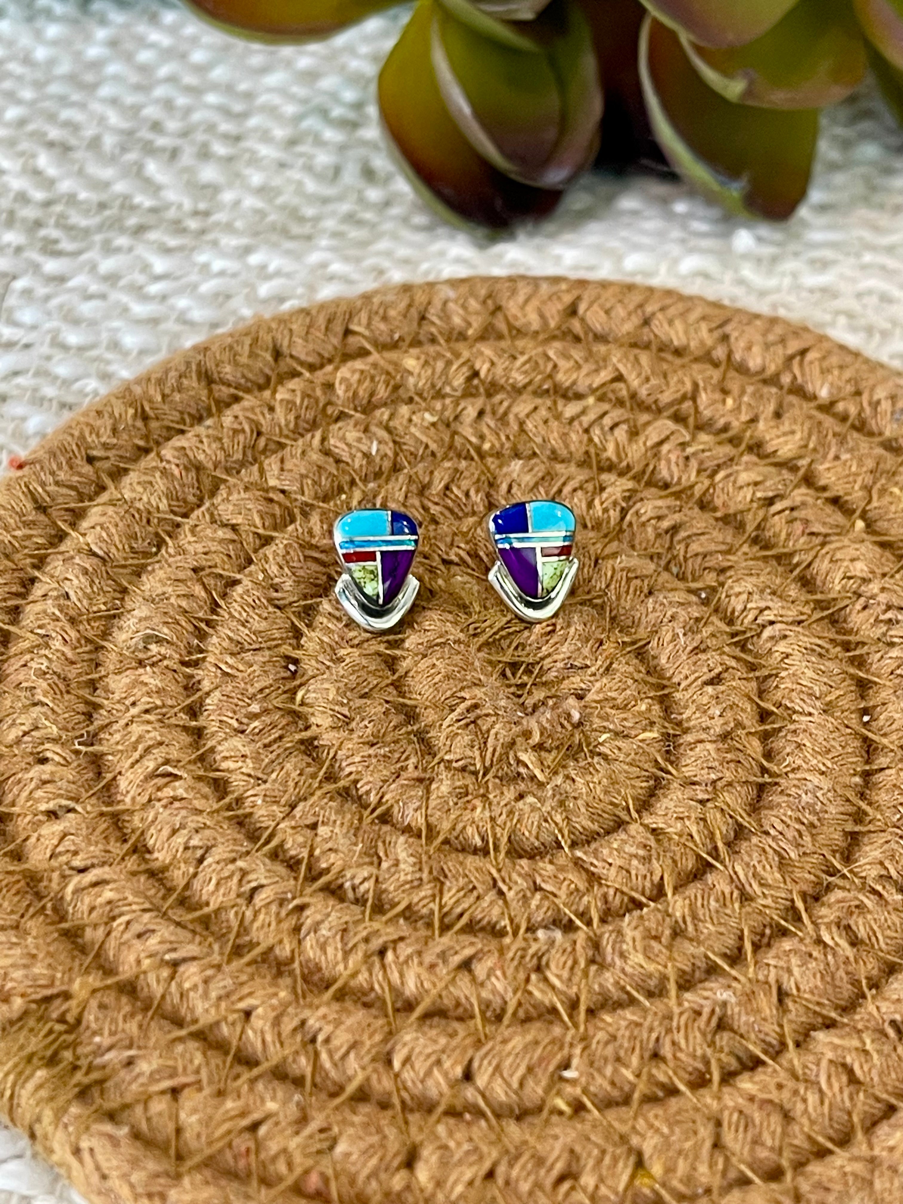 Beautiful Handmade Sterling Silver & Multi Stone Inlay Stud Earrings