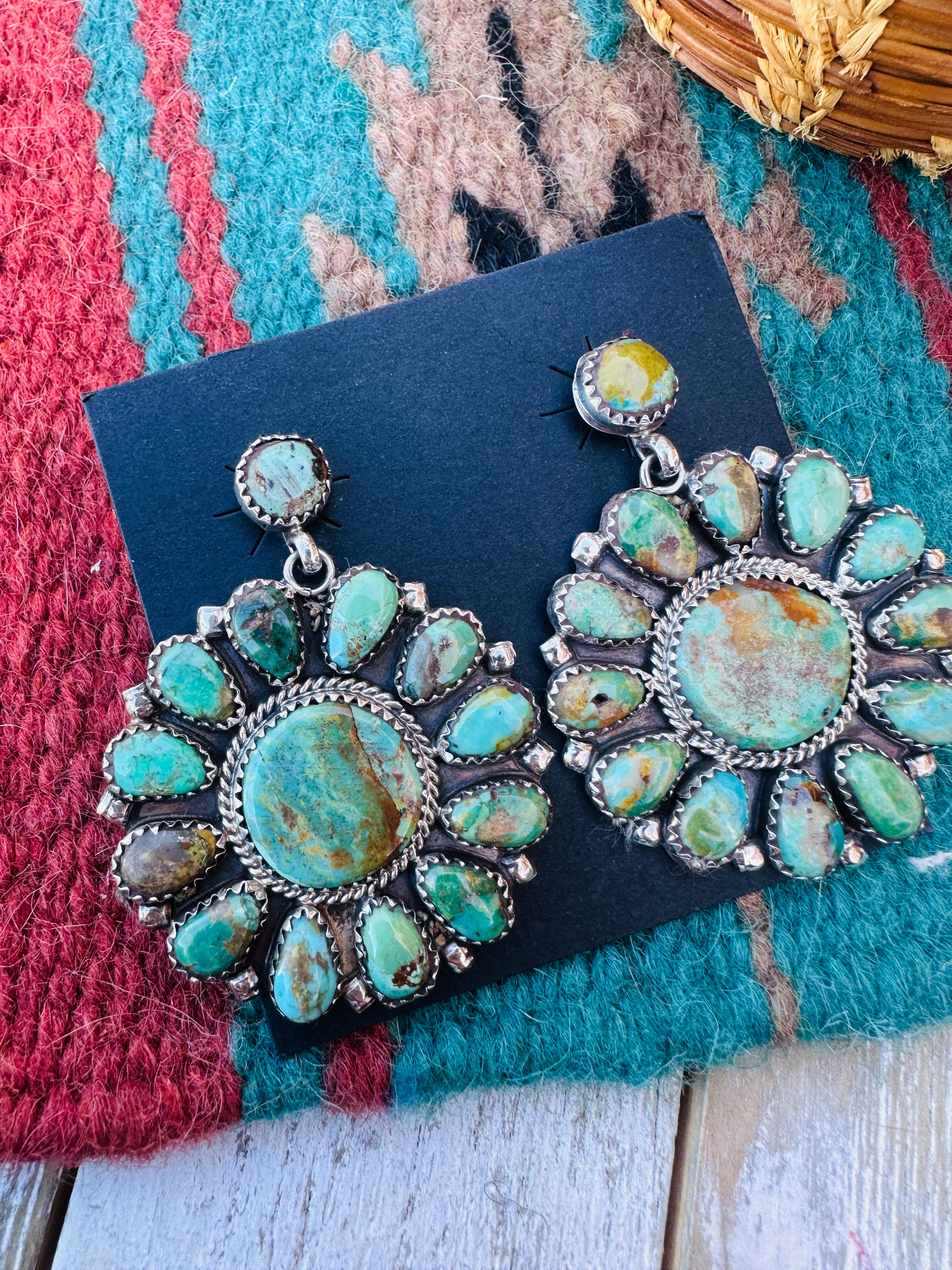 Handcrafted Turquoise & Sterling Silver Cluster Dangle Earrings