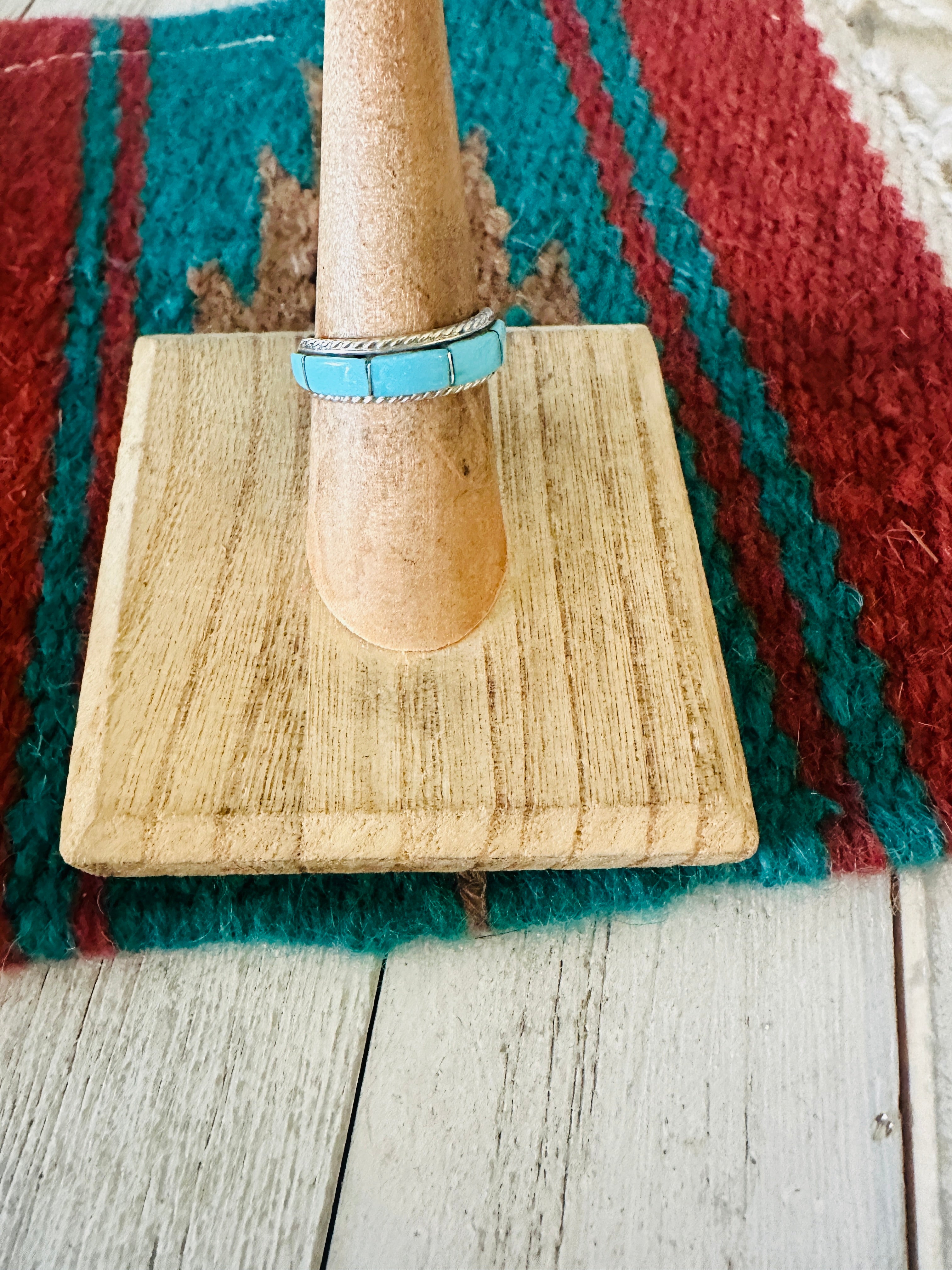 Handcrafted Sterling Silver & 5 Stone Turquoise Inlay Band Ring