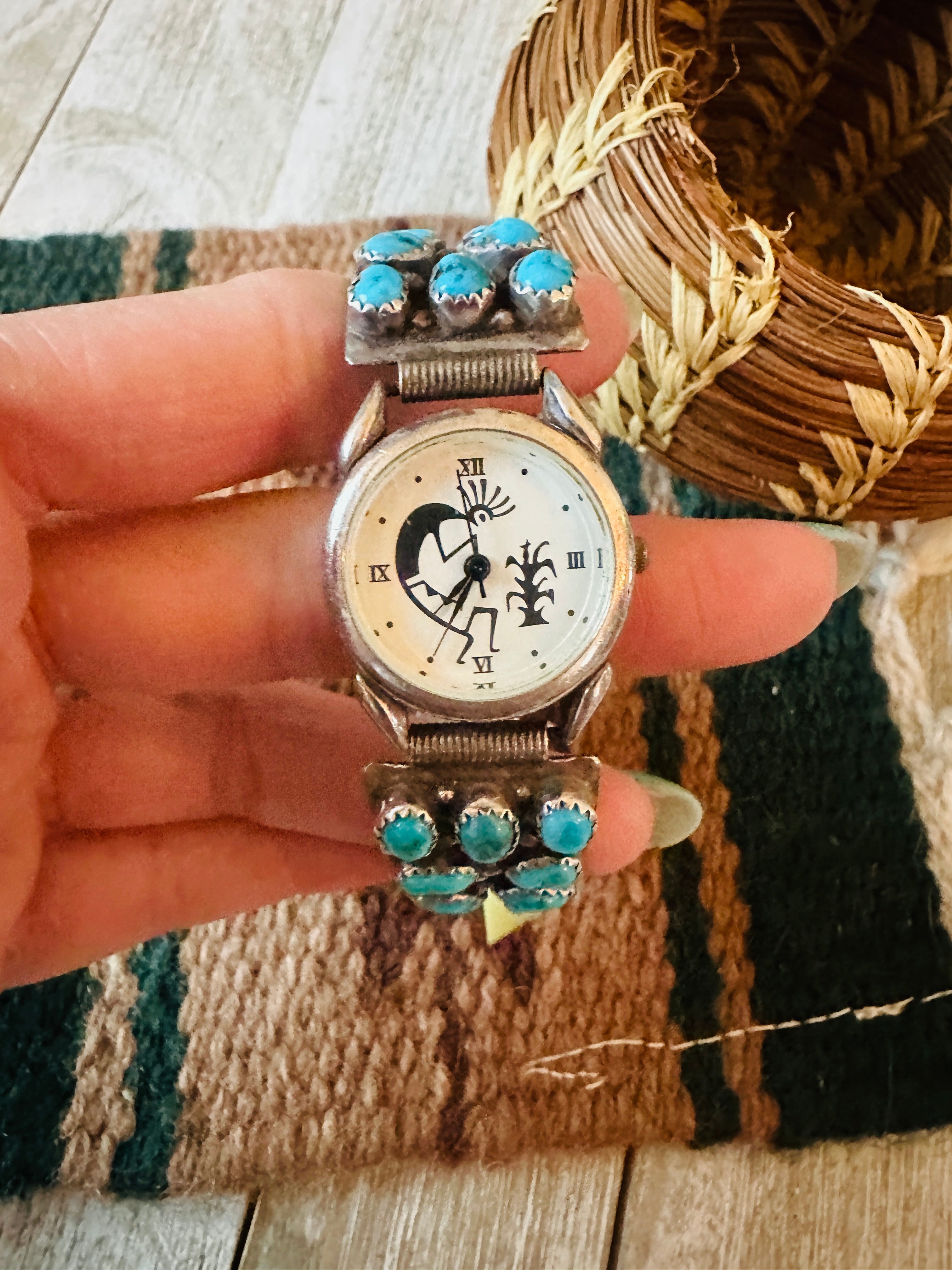 Old Pawn Vintage Navajo Turquoise & Sterling Silver Watch-