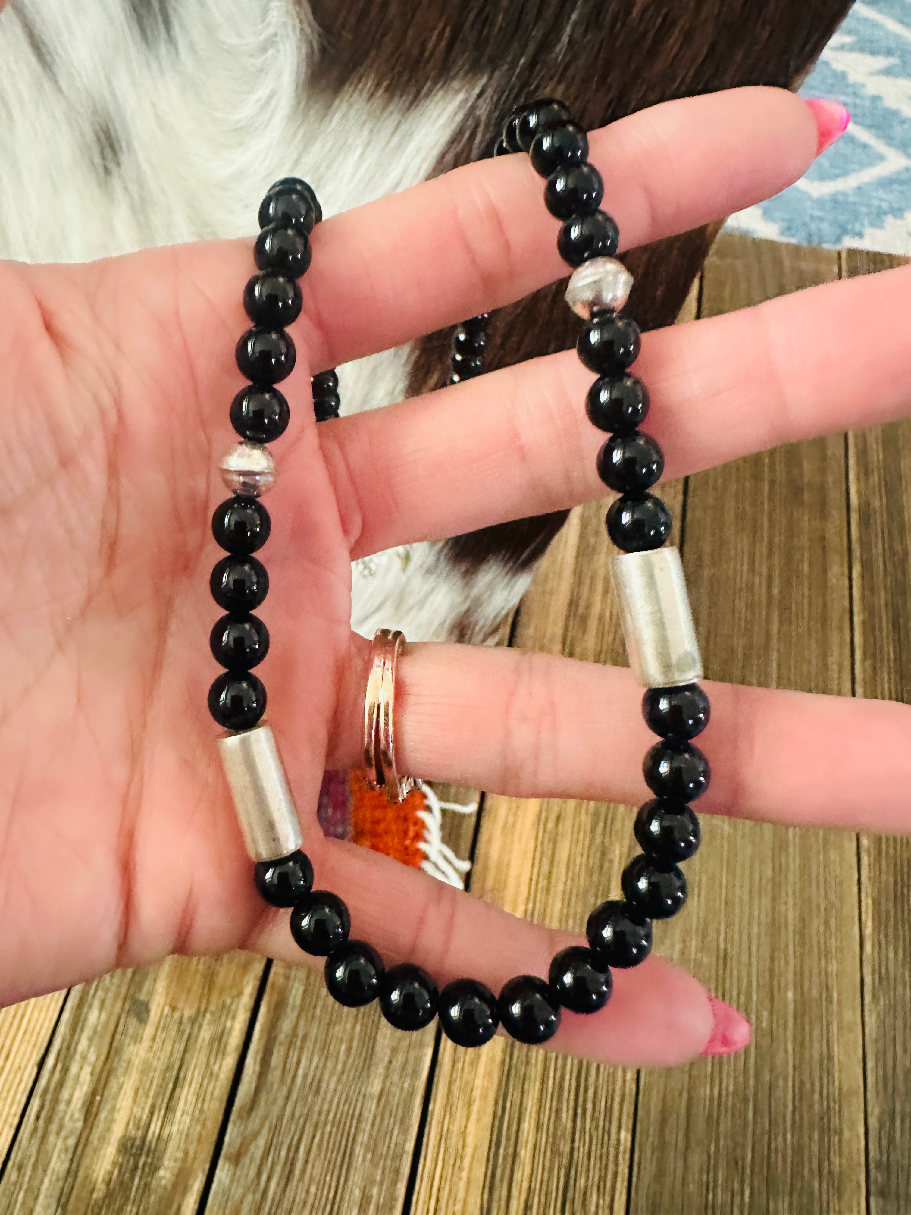 Handcrafted Black Onyx & Sterling Silver Beaded 18” Necklace by T & R Singer