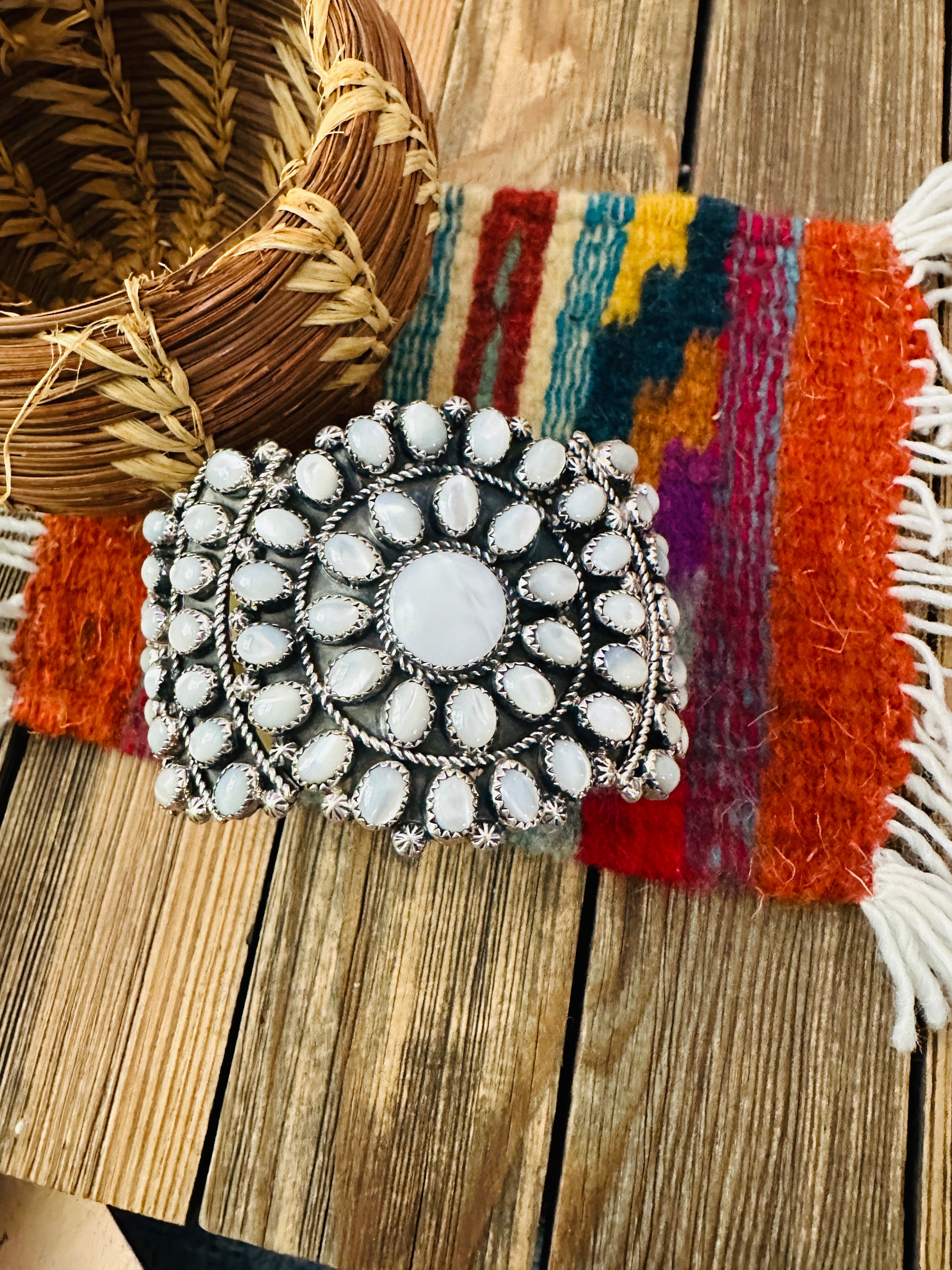 Handcrafted Old Pawn Sterling Silver & Mother of Pearl Cuff Bracelet