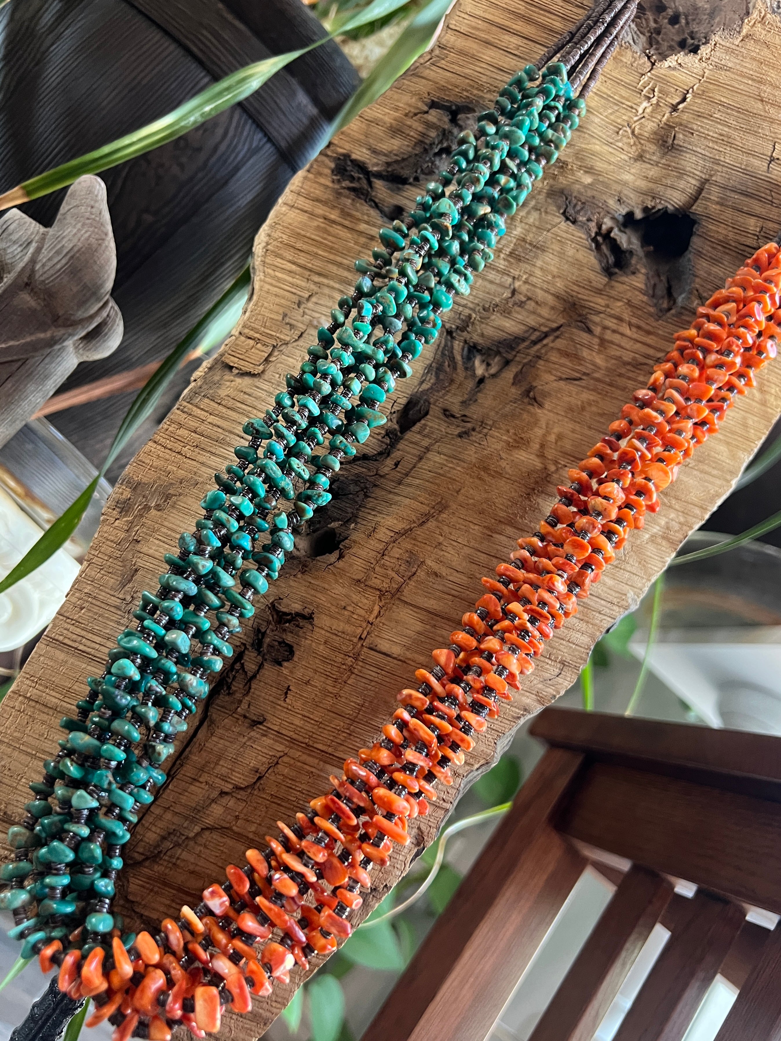Handcrafted Eight Strand Spiny Oyster and Turquoise Beaded Squaw Wrap Necklace by Daniel Coriz