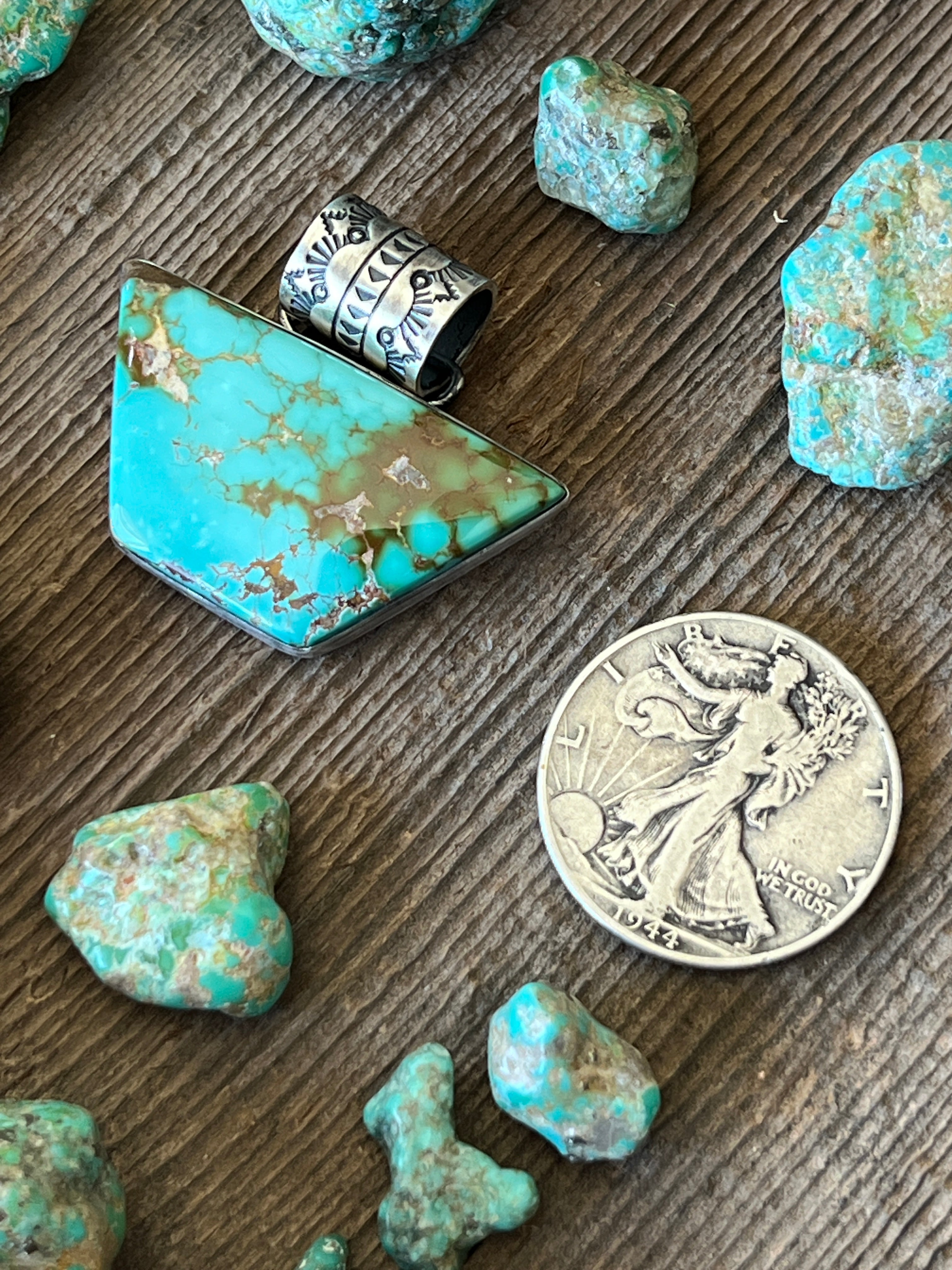 Handcrafted Sterling Silver and Royston Turquoise Solo Pendant by Angela Martin