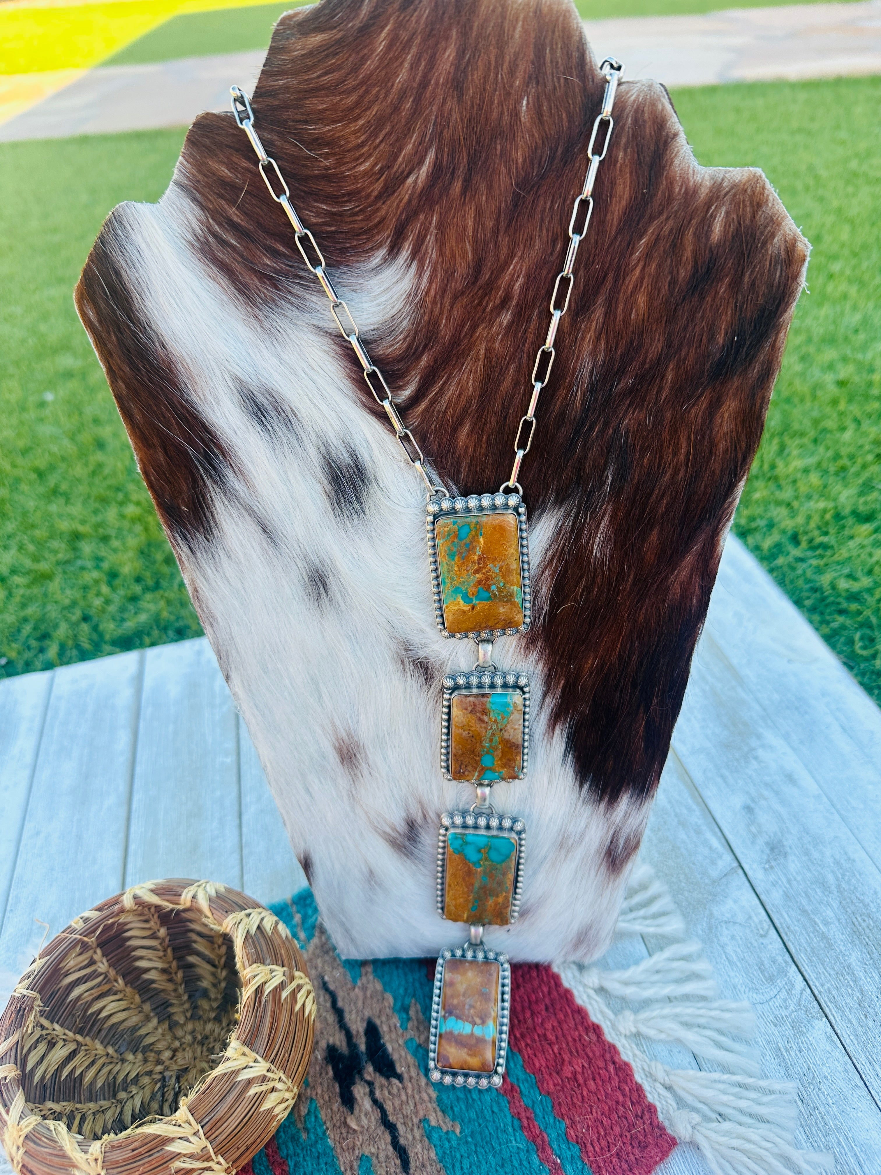 Handcrafted Ribbon Turquoise & Sterling Silver Lariat Necklace