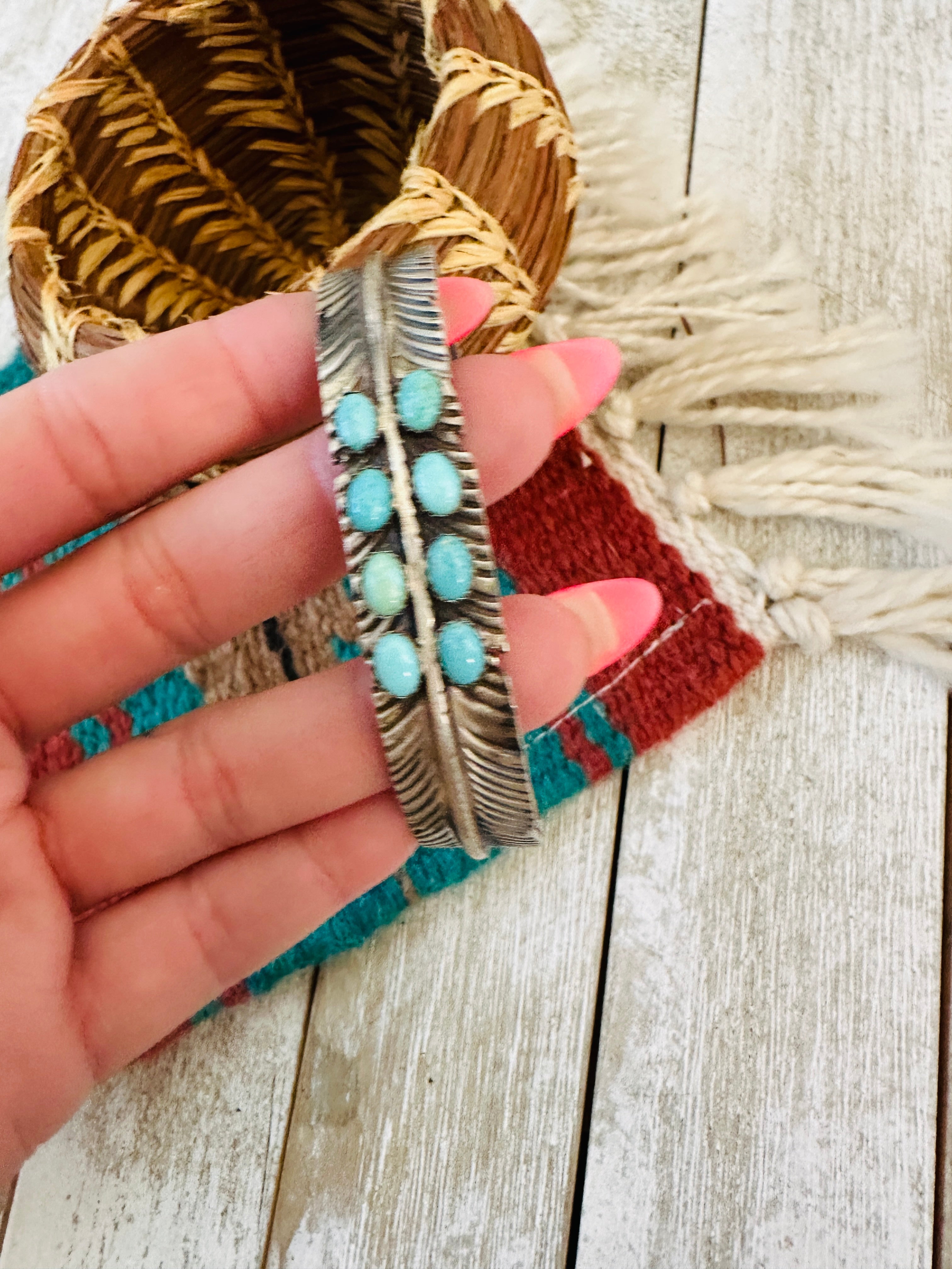 Handcrafted Turquoise & Sterling Silver Feather Cuff Bracelet /