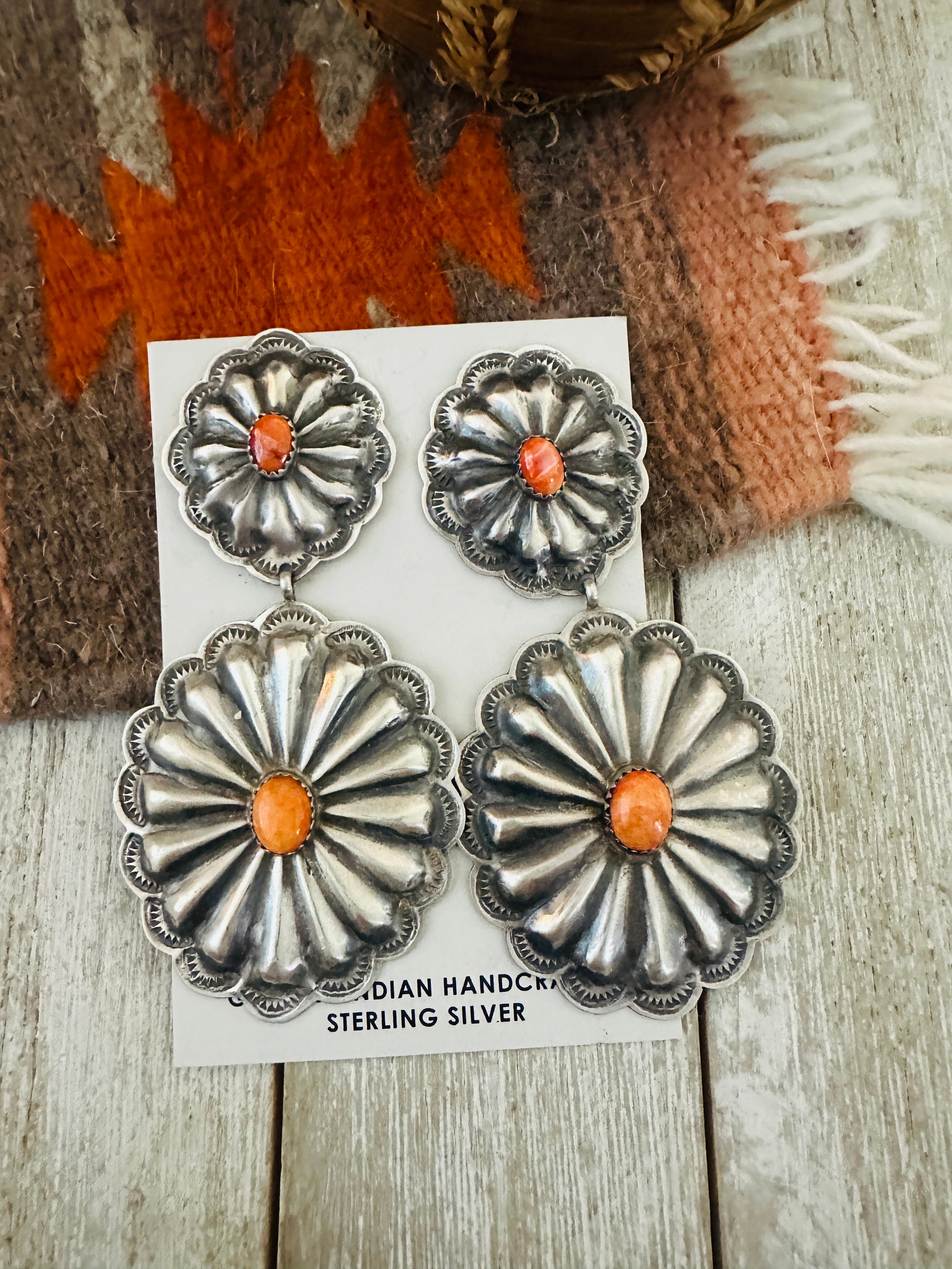 Handcrafted Orange Spiny and Sterling Silver Concho Dangle Earrings