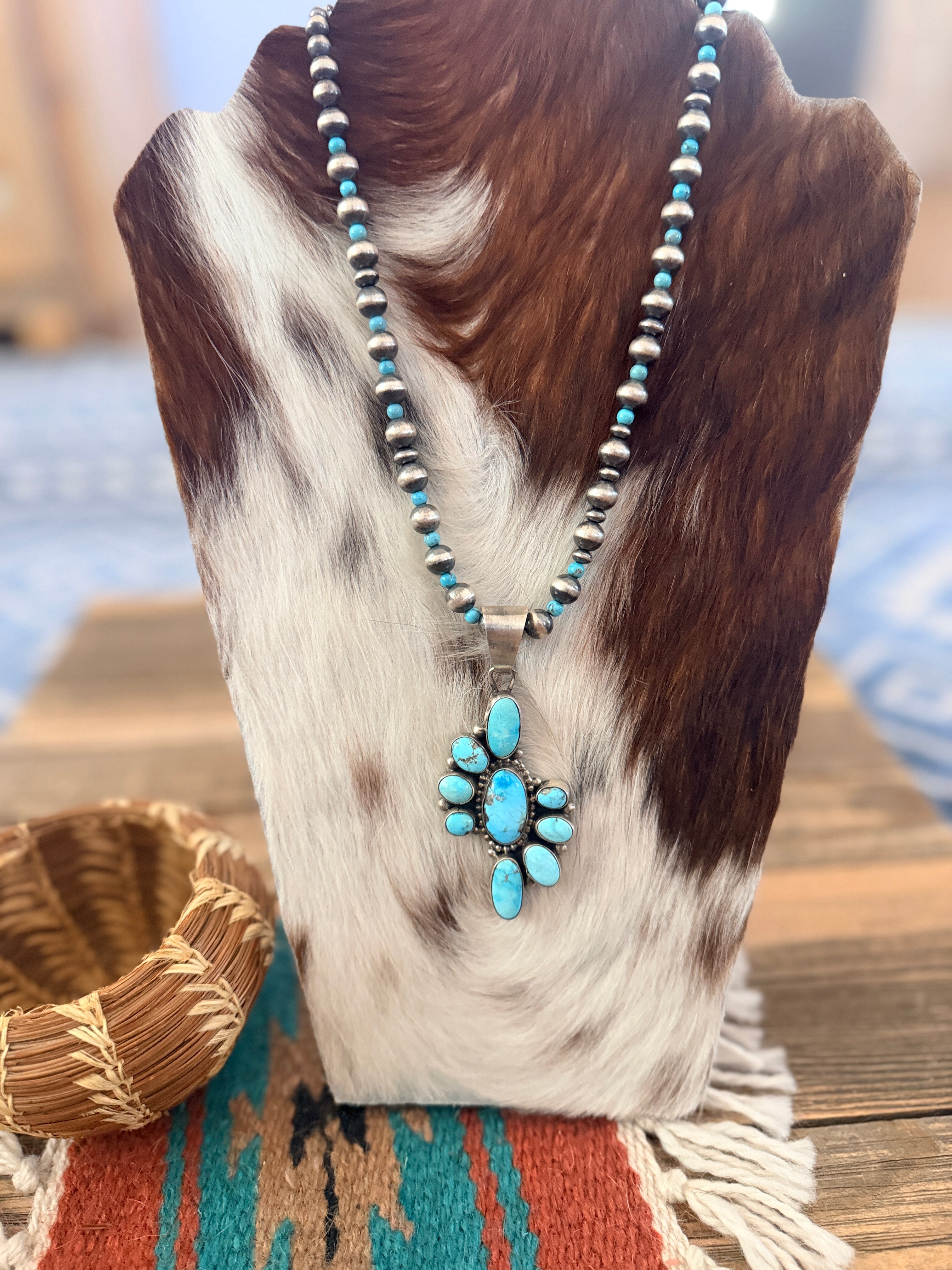 Handcrafted Turquoise & Sterling Silver Cluster Beaded Necklace by Sheila Becenti